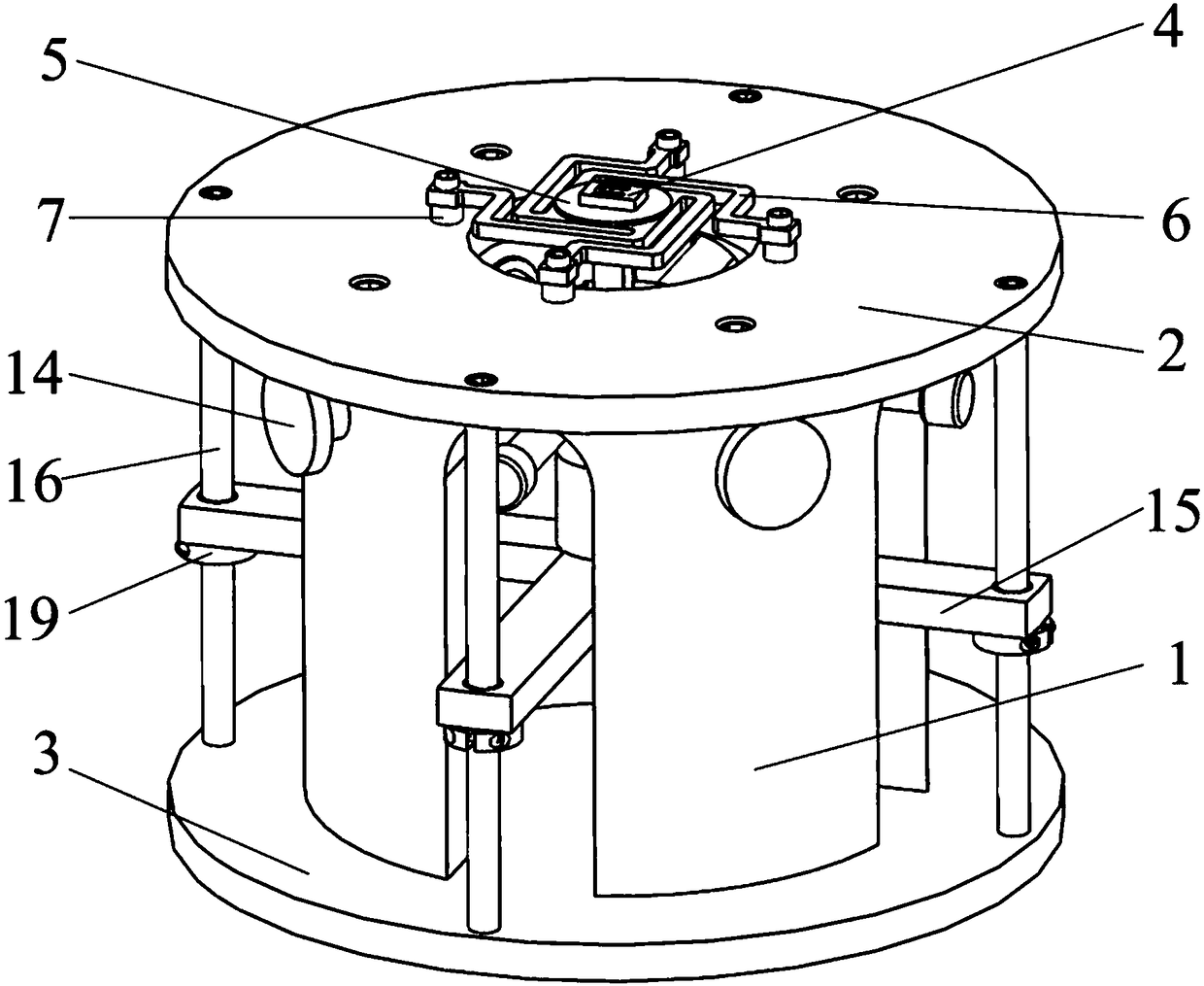 MEMS (Micro-electromechanical System) microstructure tetra-axial base exciting device driven by stack piezoelectric ceramic