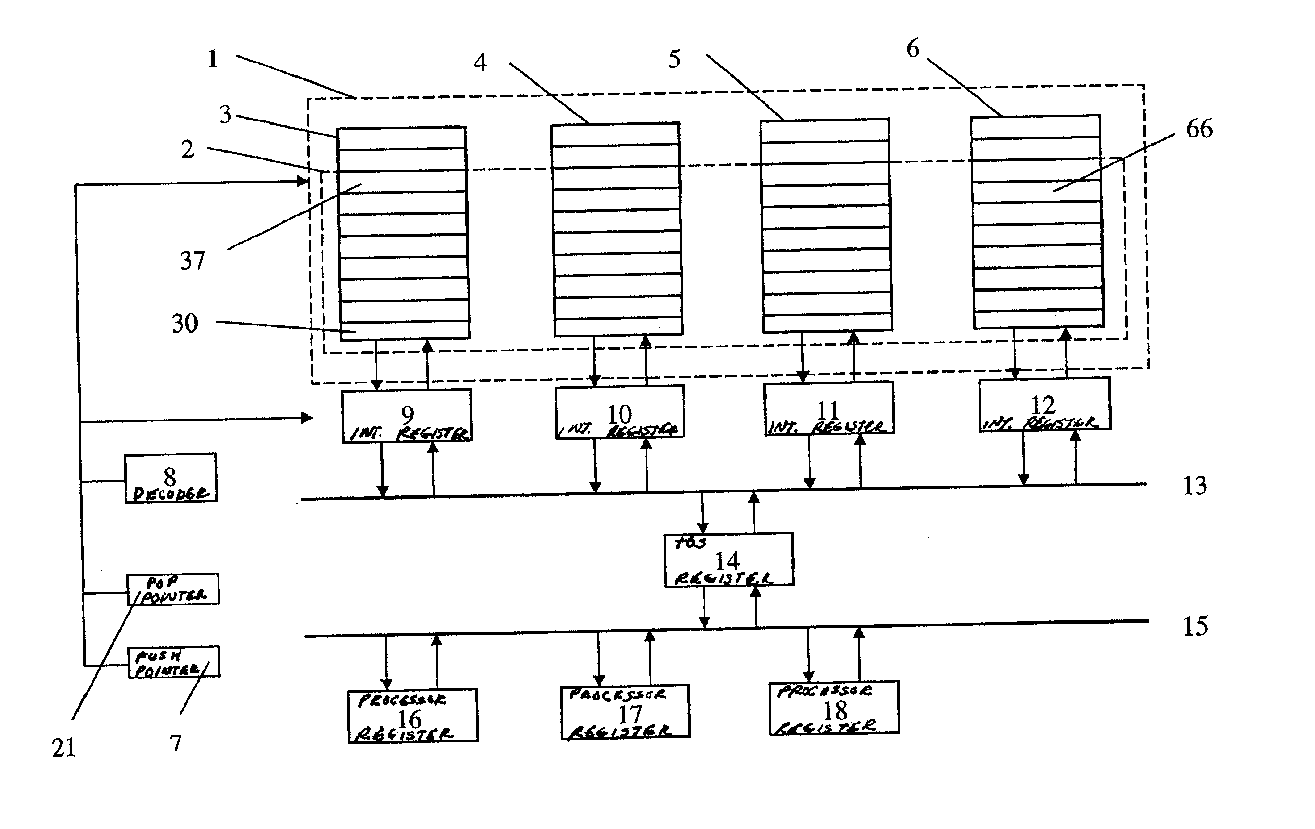 Method and arrangement in a stack having a memory segmented into data groups having a plurality of elements