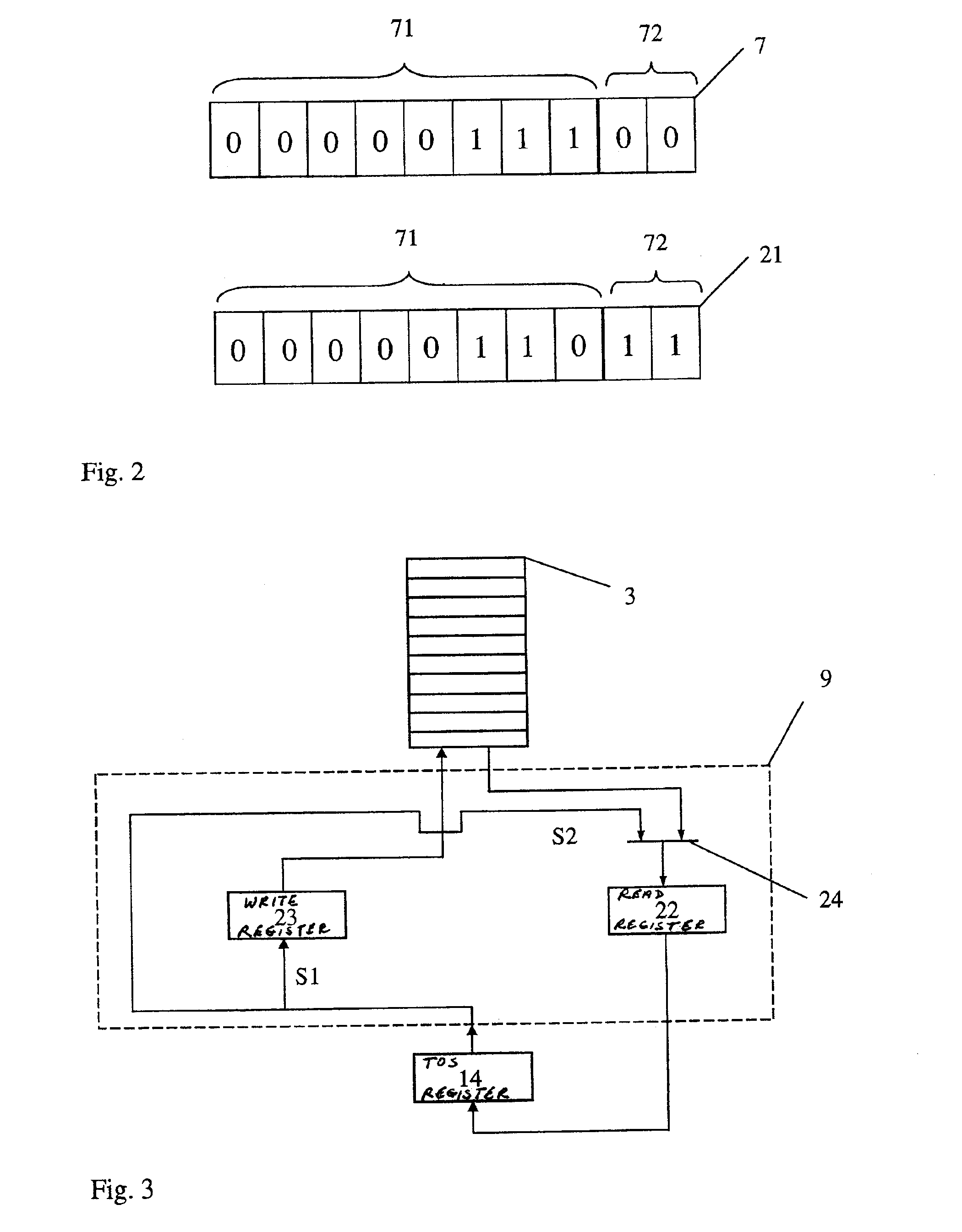 Method and arrangement in a stack having a memory segmented into data groups having a plurality of elements