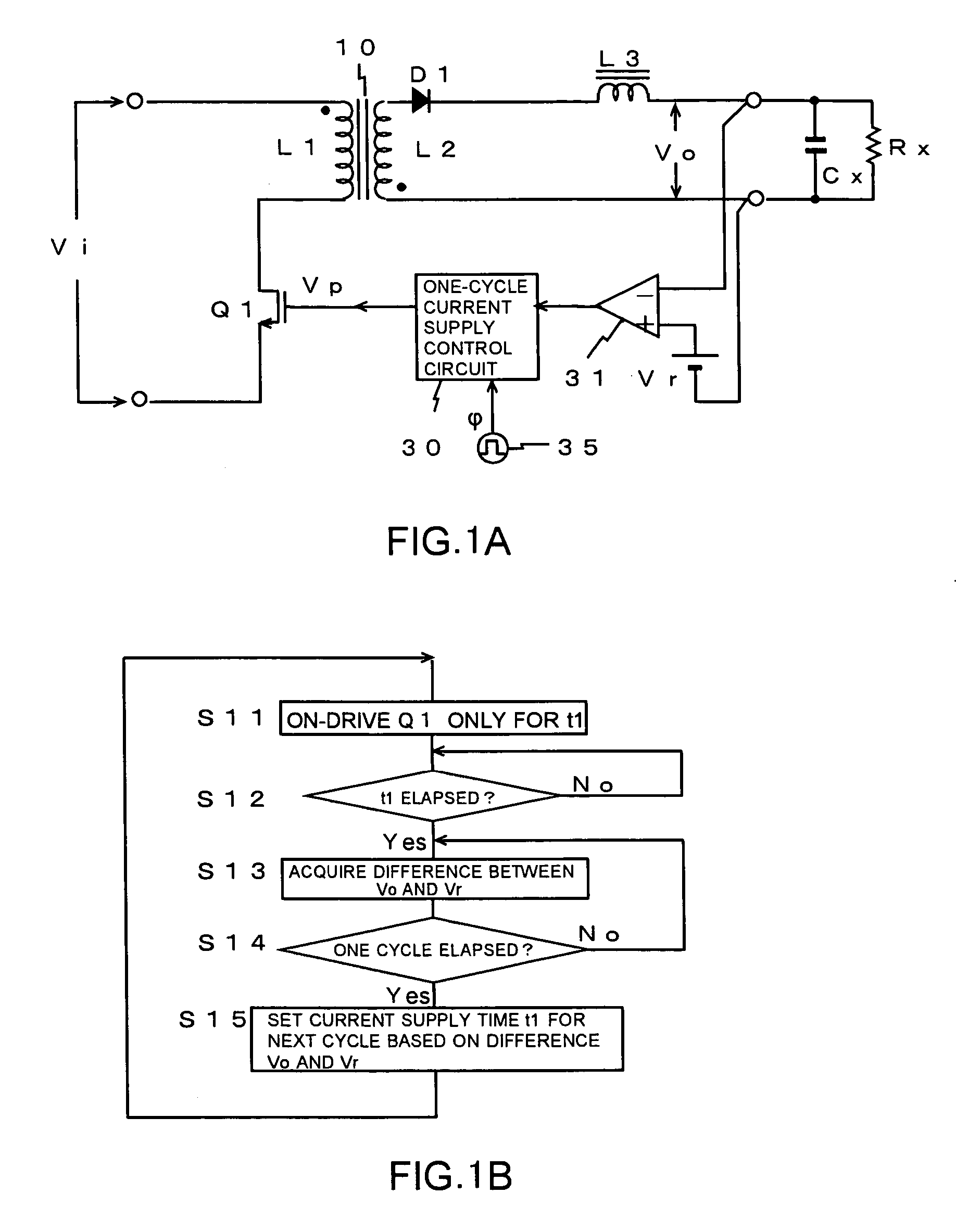 Switching power source circuit for independent per cycle control of ON/OFF time ratio