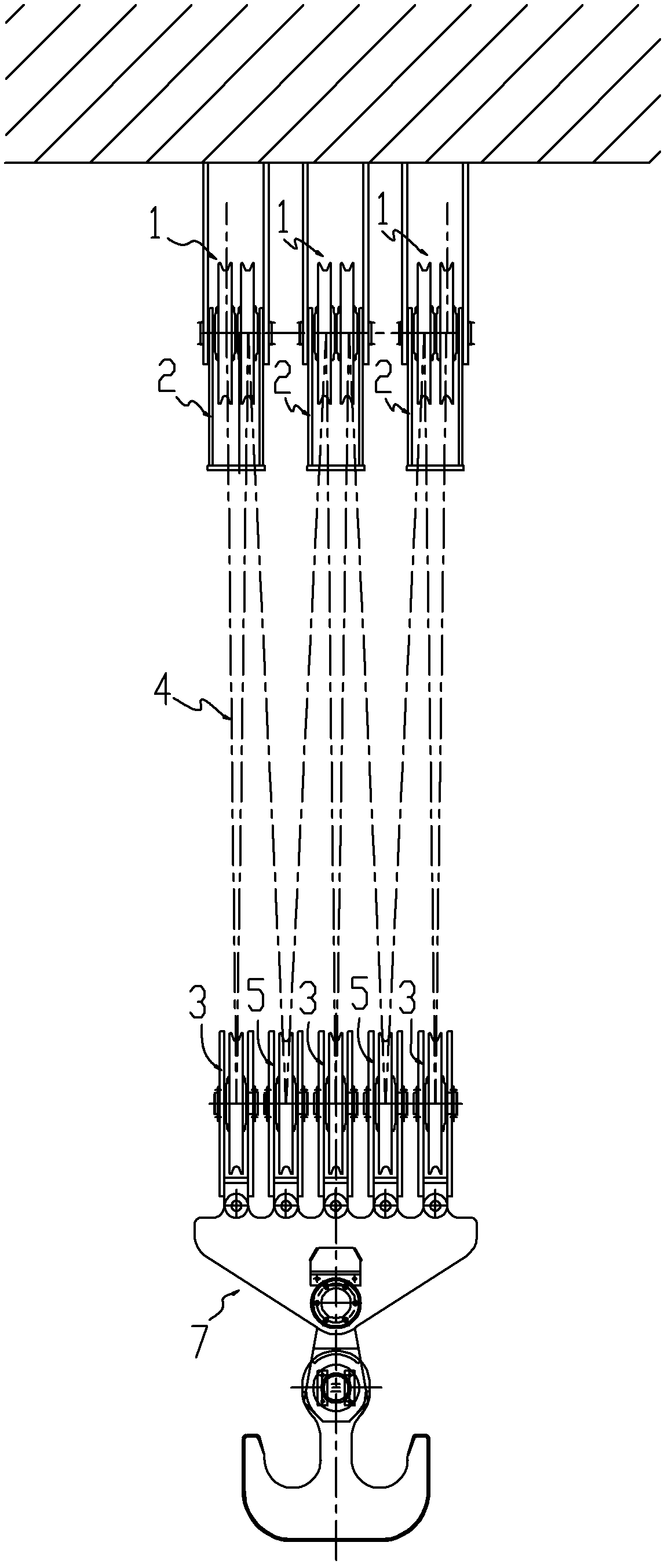 Pulley system of variable power crane hoisting hook and integrated system thereof