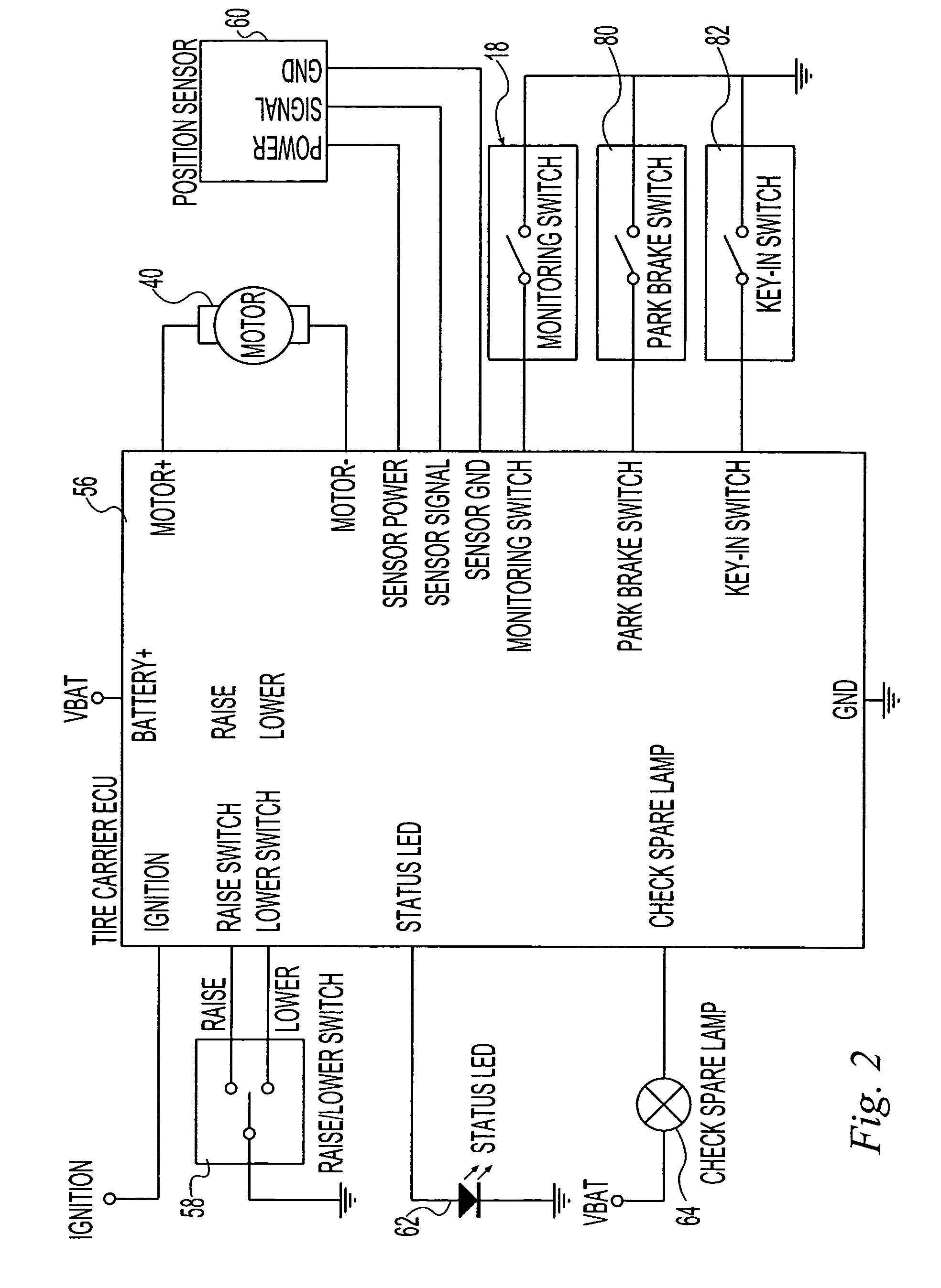 Manual tire carrier with travel switch