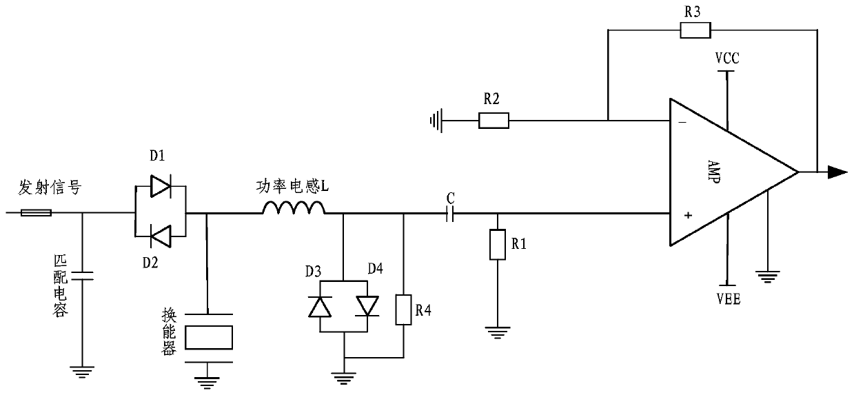 Low-noise primary amplification circuit suitable for transmitting-receiving combined transducer and noise decomposition method