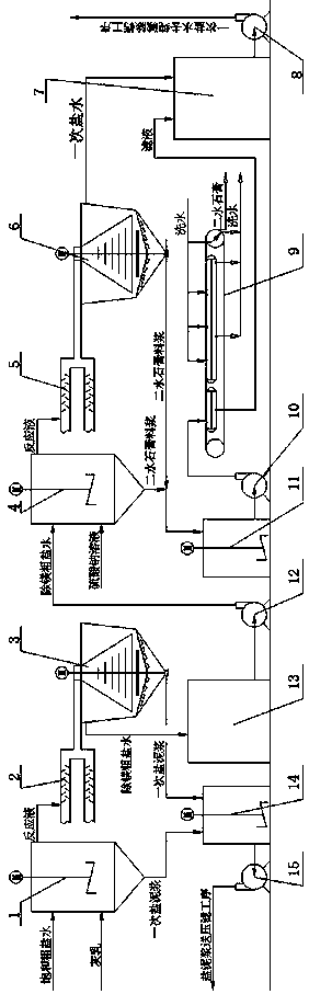 Production device utilizing salt cakes to produce refined brine and byproduct (dihydrate gypsum) and production method thereof