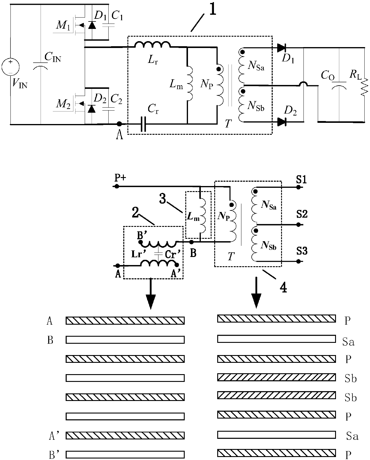 High-frequency center tap planar transformer in half-bridge LLC resonant converter