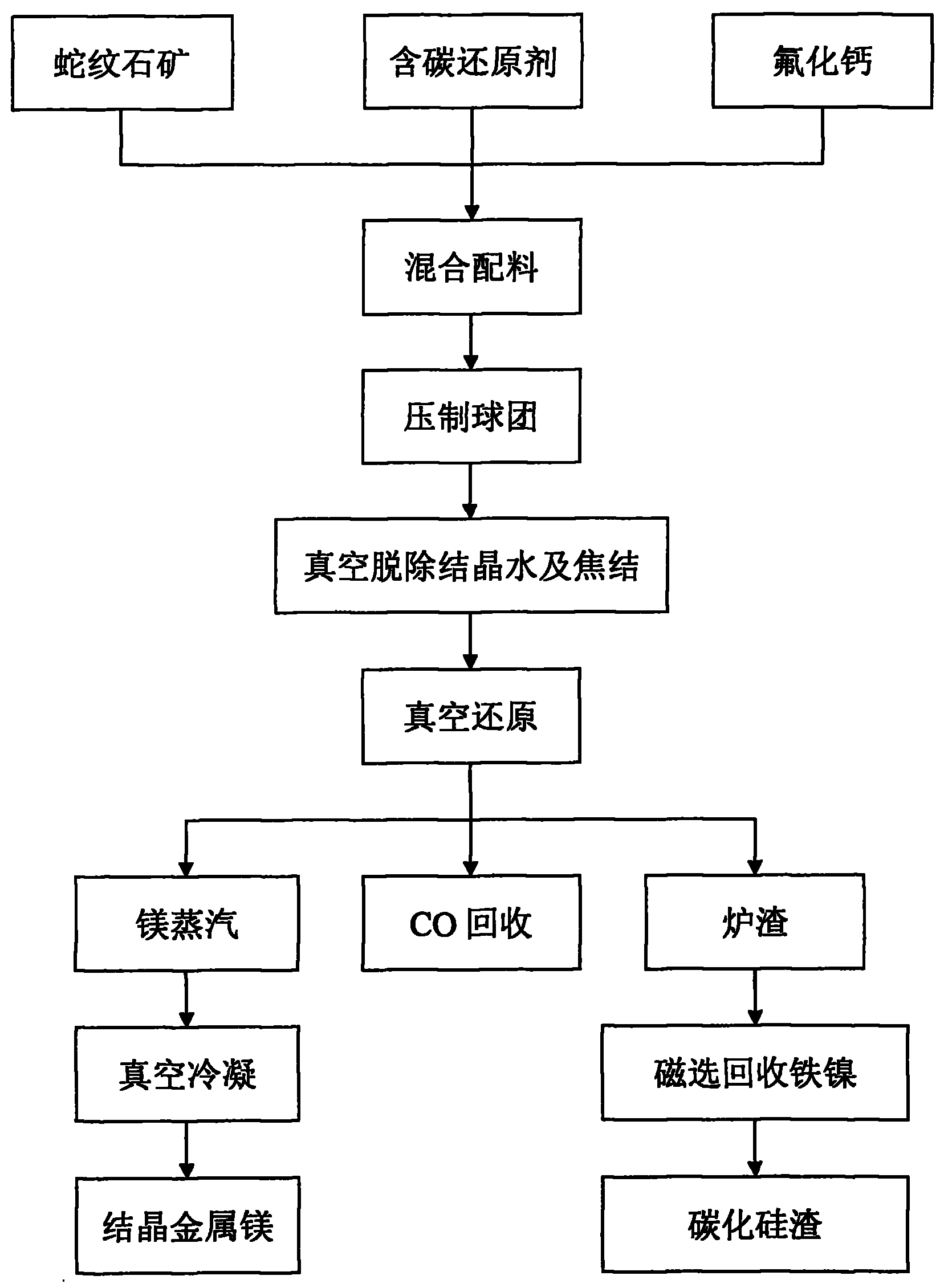 Method for preparing magnesium metal and by-product by vacuum carbothermic reduction with serpentine minerals