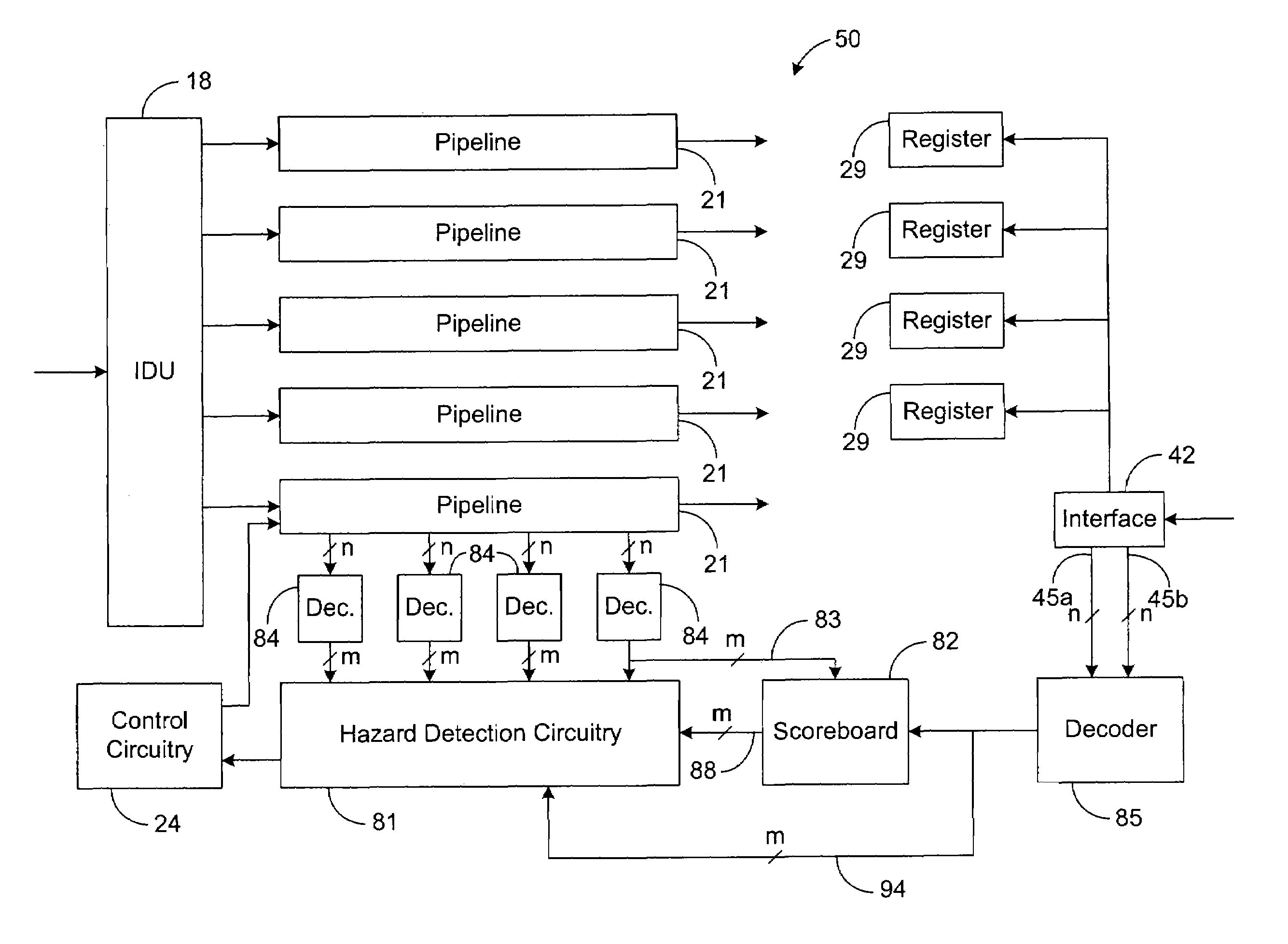 Processing system and method for efficiently enabling detection of data hazards for long latency instructions