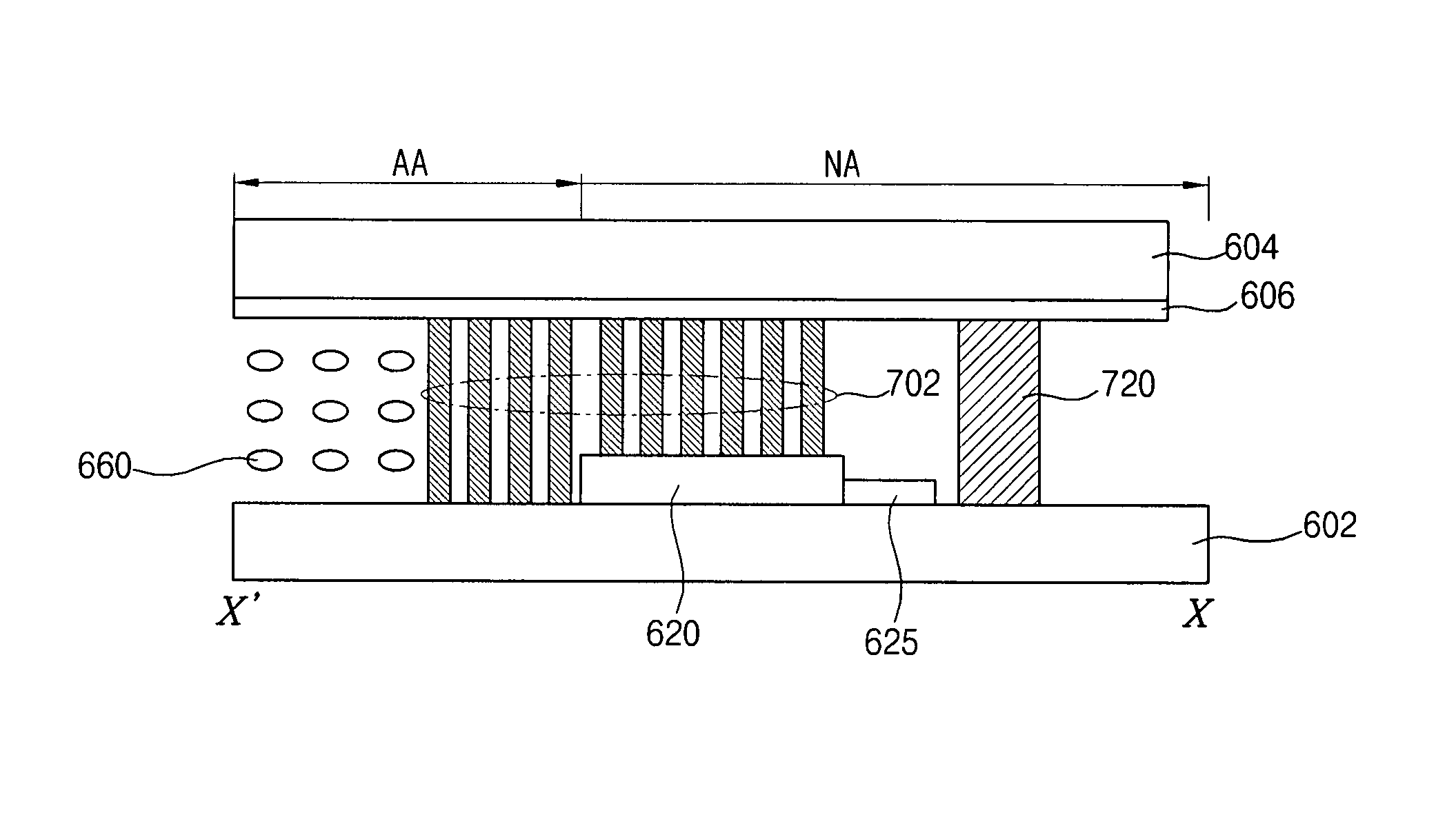 Liquid crystal display device having column spacers and first auxiliary spacers that include a plurality of spaced apart patterns