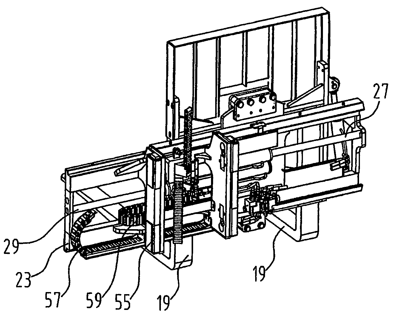 Forklift truck for mounting on the rear of a carrying vehicle with a fork side shifting attachment