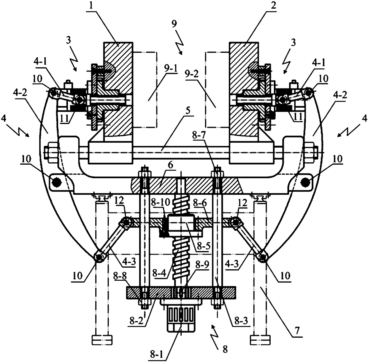 Tie-bar-less two-plate blow molding machine electric mold opening and closing device with quick mold adjustment function and method for realizing mold opening and closing