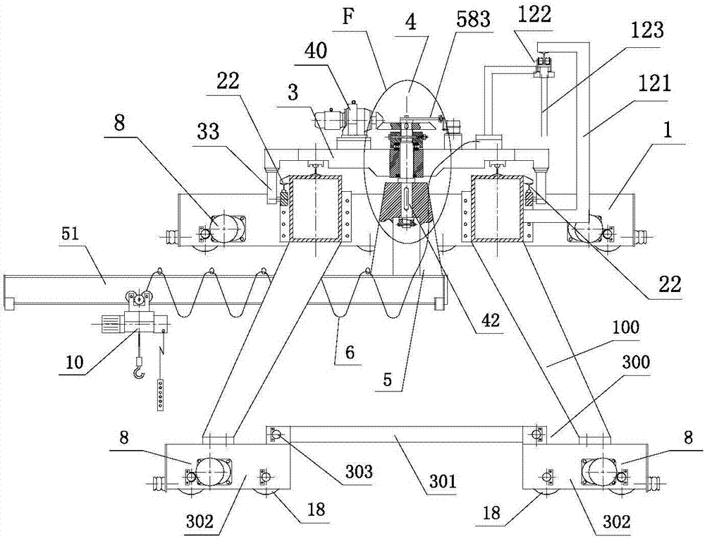 Half-portal crane with reverse roller travelling trolley