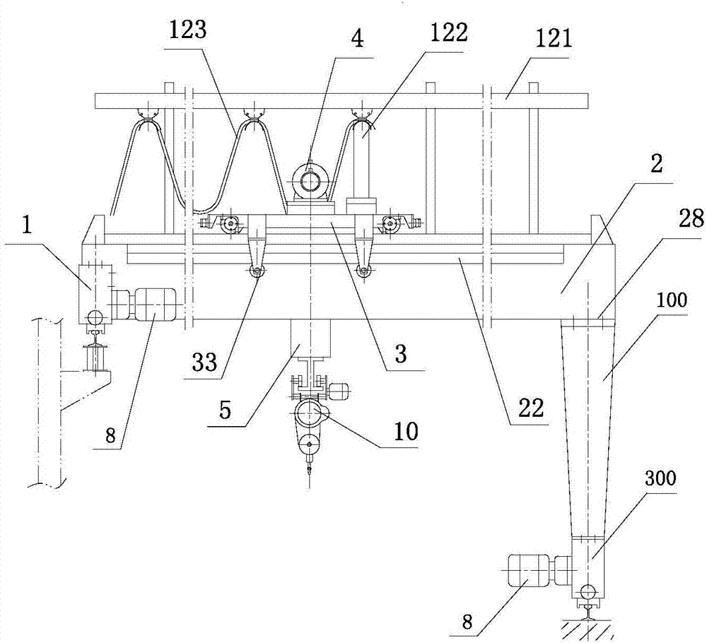 Half-portal crane with reverse roller travelling trolley