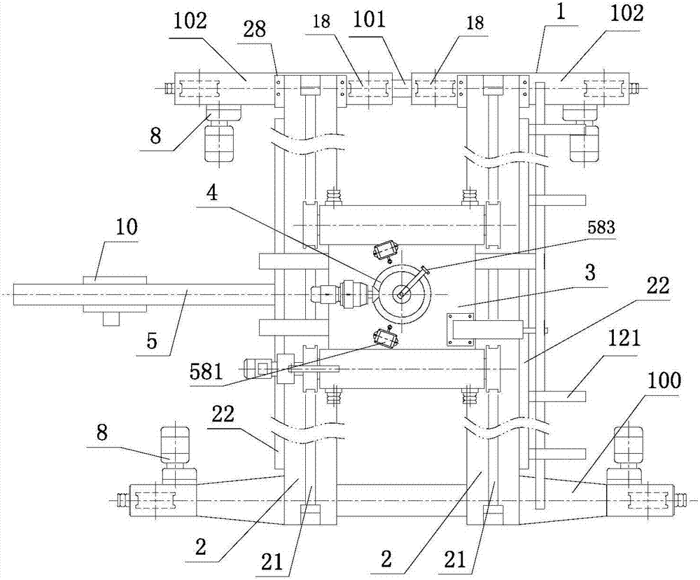 Half-portal crane with reverse roller travelling trolley