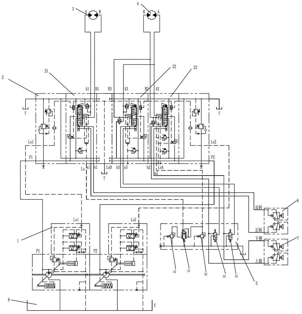 Double-pump hydraulic control loop of key drilling action of cutting drill rig