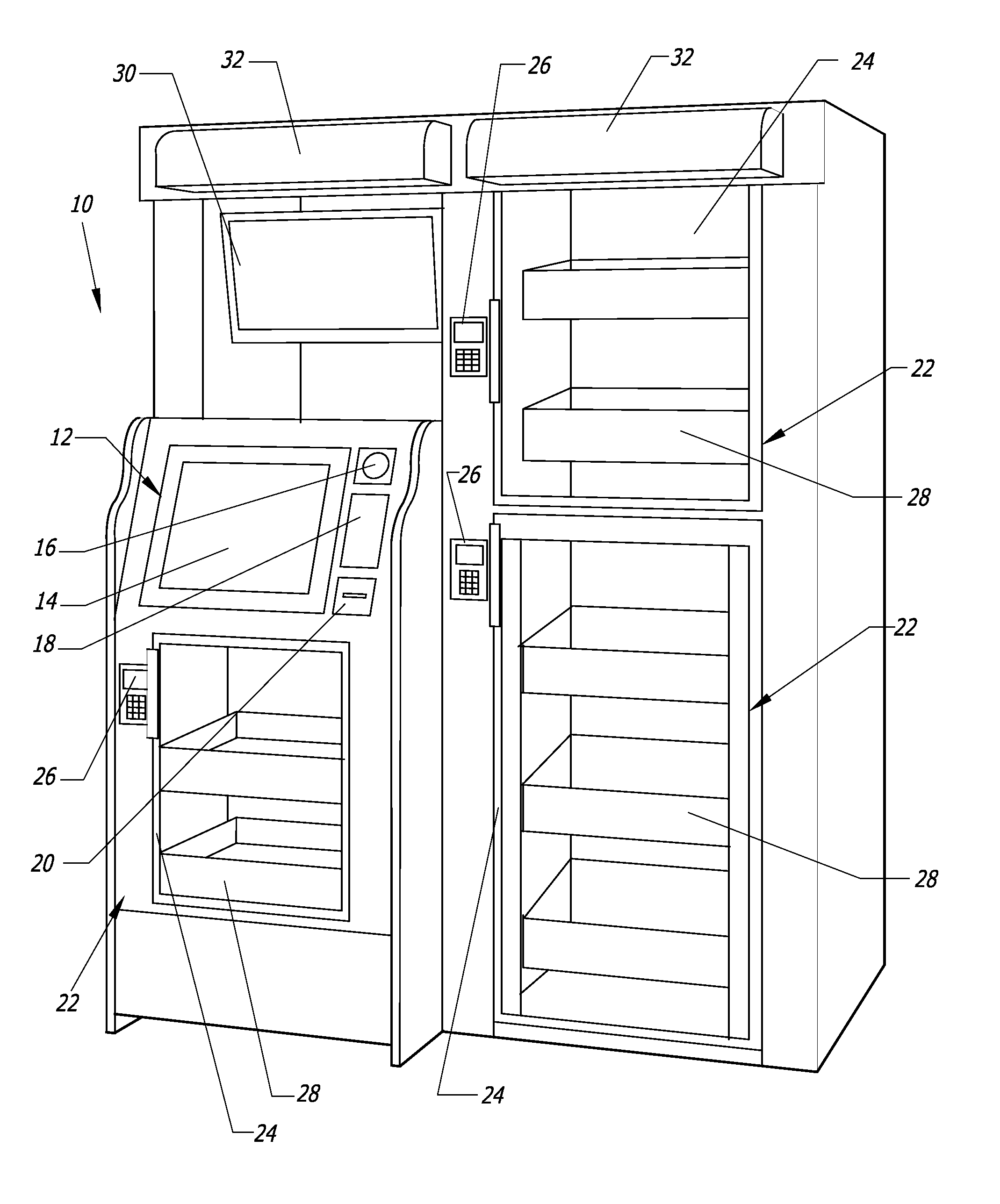 Computer-controlled, unattended, automated checkout store outlet and related method