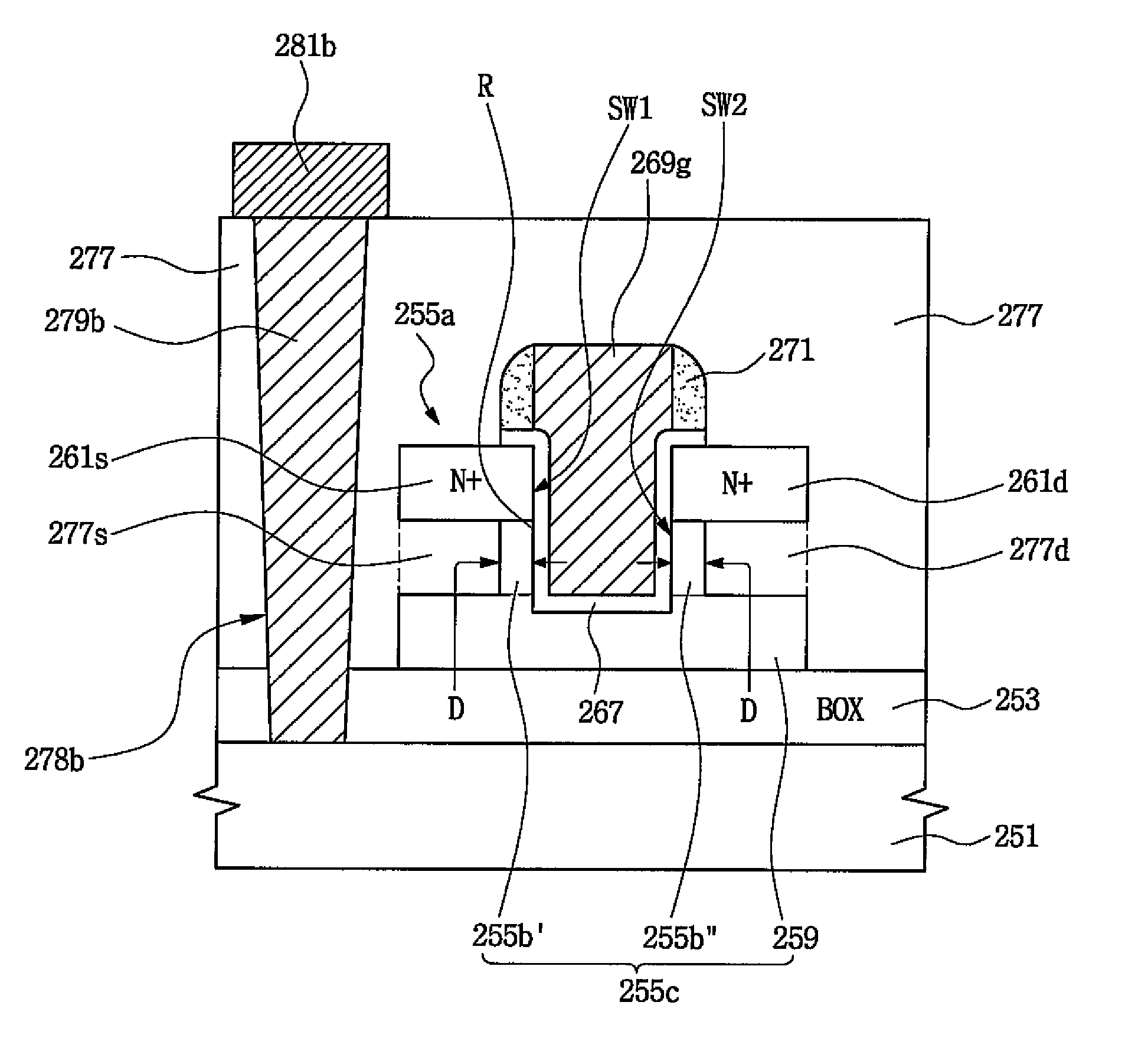 Single transistor memory device having source and drain insulating regions and method of fabricating the same