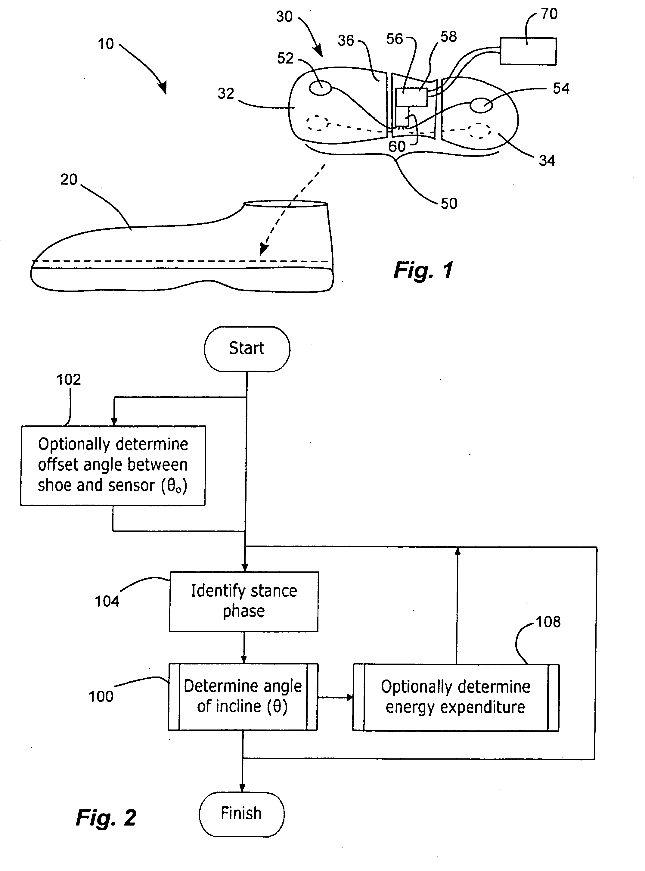 Method and system for measuring energy expenditure and foot incline in individuals