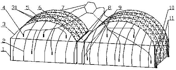 Multi-span greenhouse capable of resisting wind, ice and snow