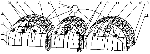 Multi-span greenhouse capable of resisting wind, ice and snow