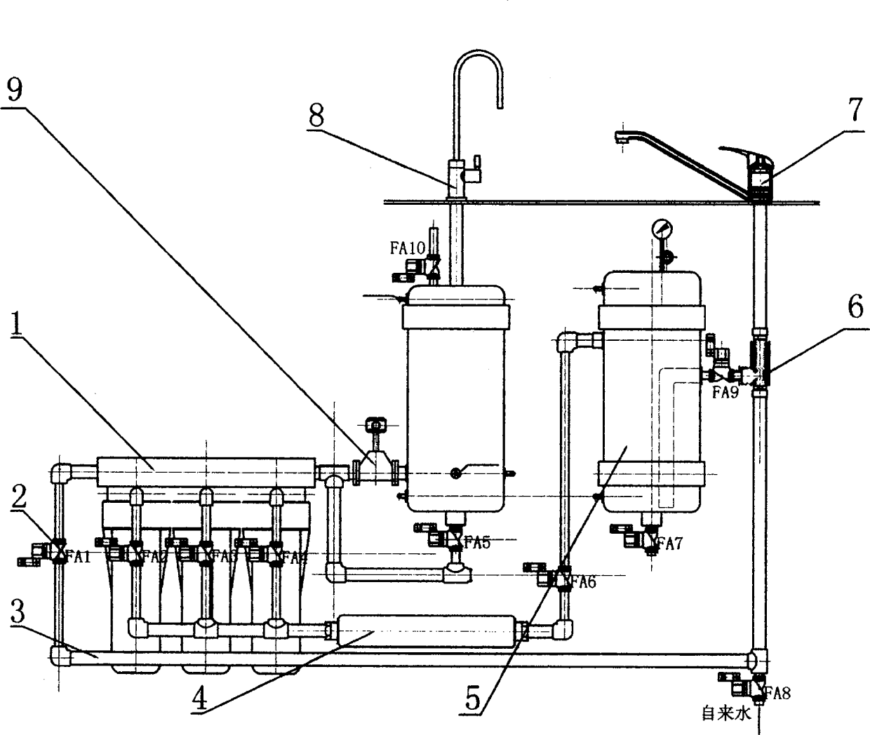 Equipment for backwashing water purifier by purified water and comprehensively using produced sewage