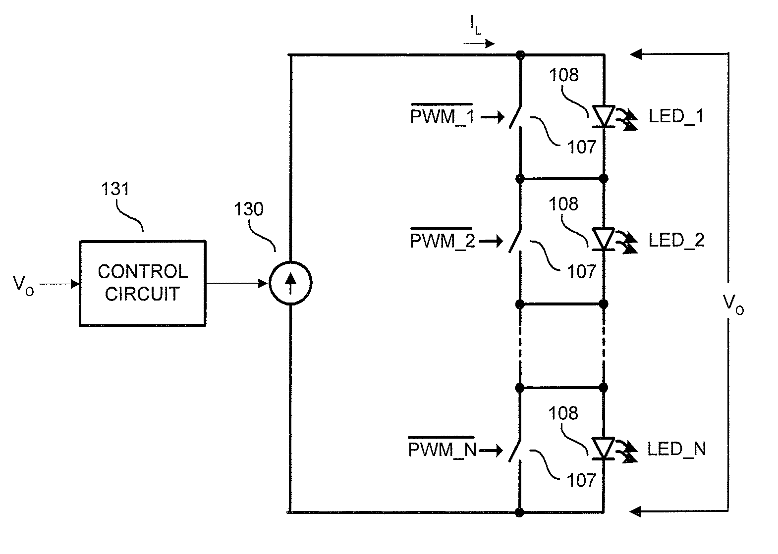 Shunting type pwm dimming circuit for individually controlling brightness of series connected leds operated at constant current and method therefor