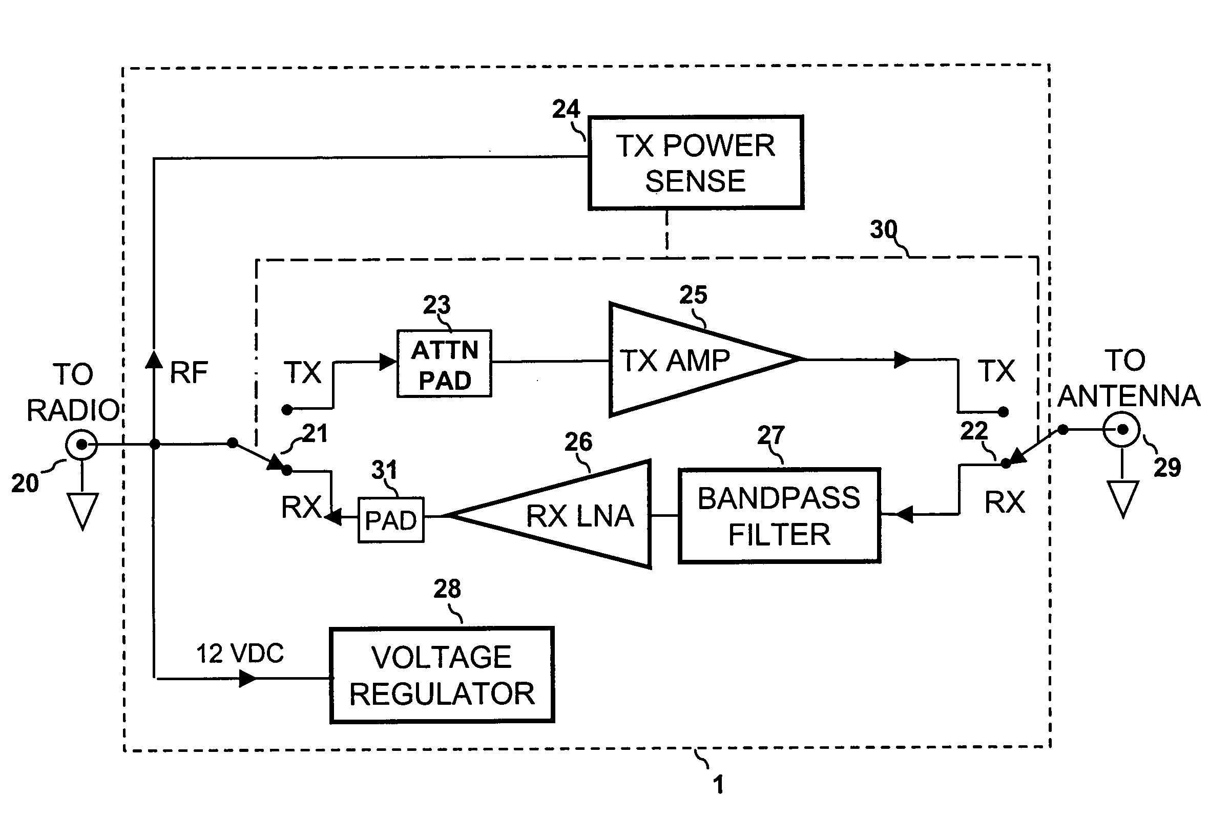 Bi-directional switched RF amplifier, waterproof housing, electrostatic overvoltage protection device, and mounting bracket therefor