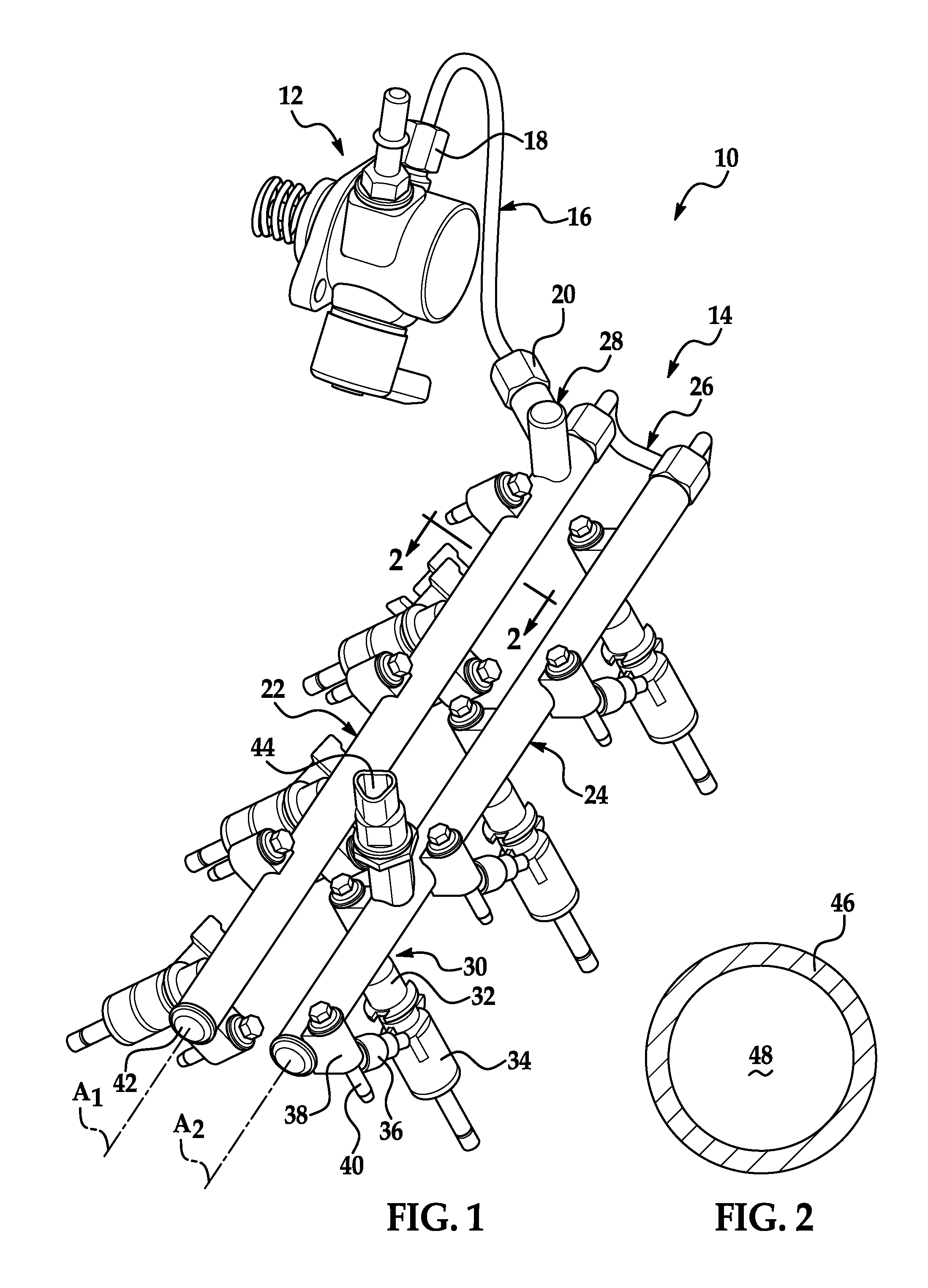 Internal secondary fuel rail orifice