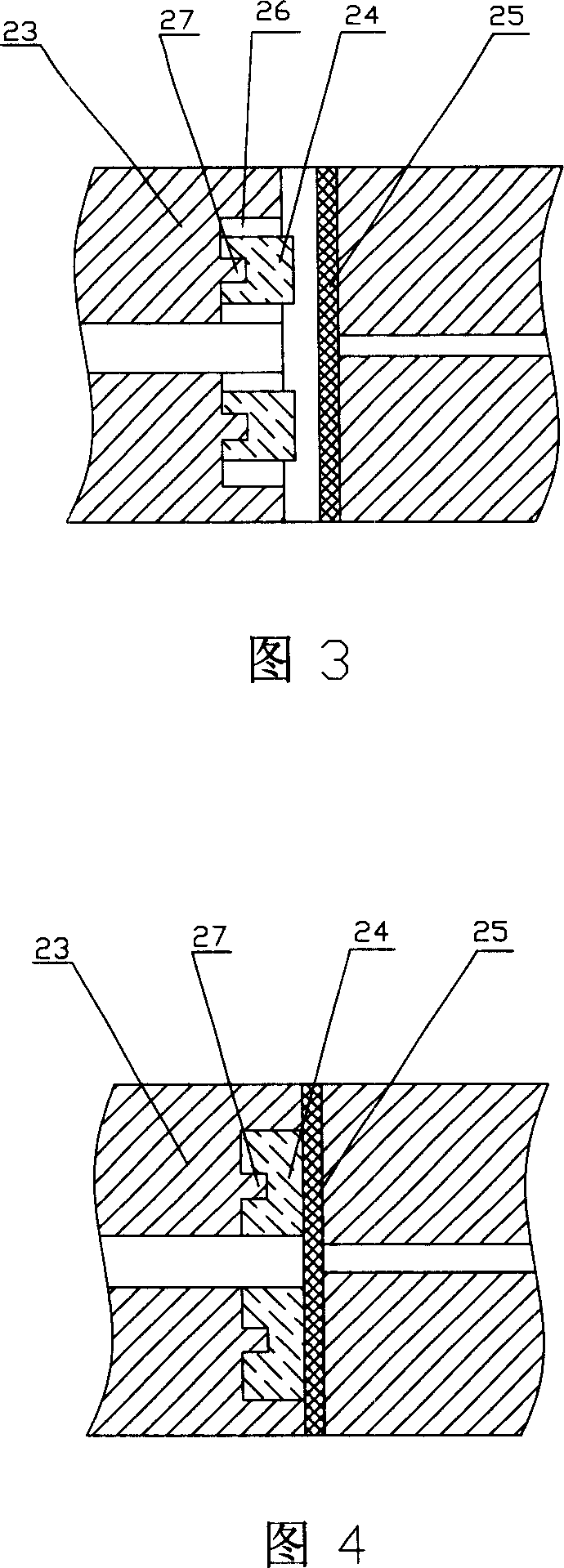 Continuous free flow electrophoresis device composed of a plurality of specific sub-chambers separated by films