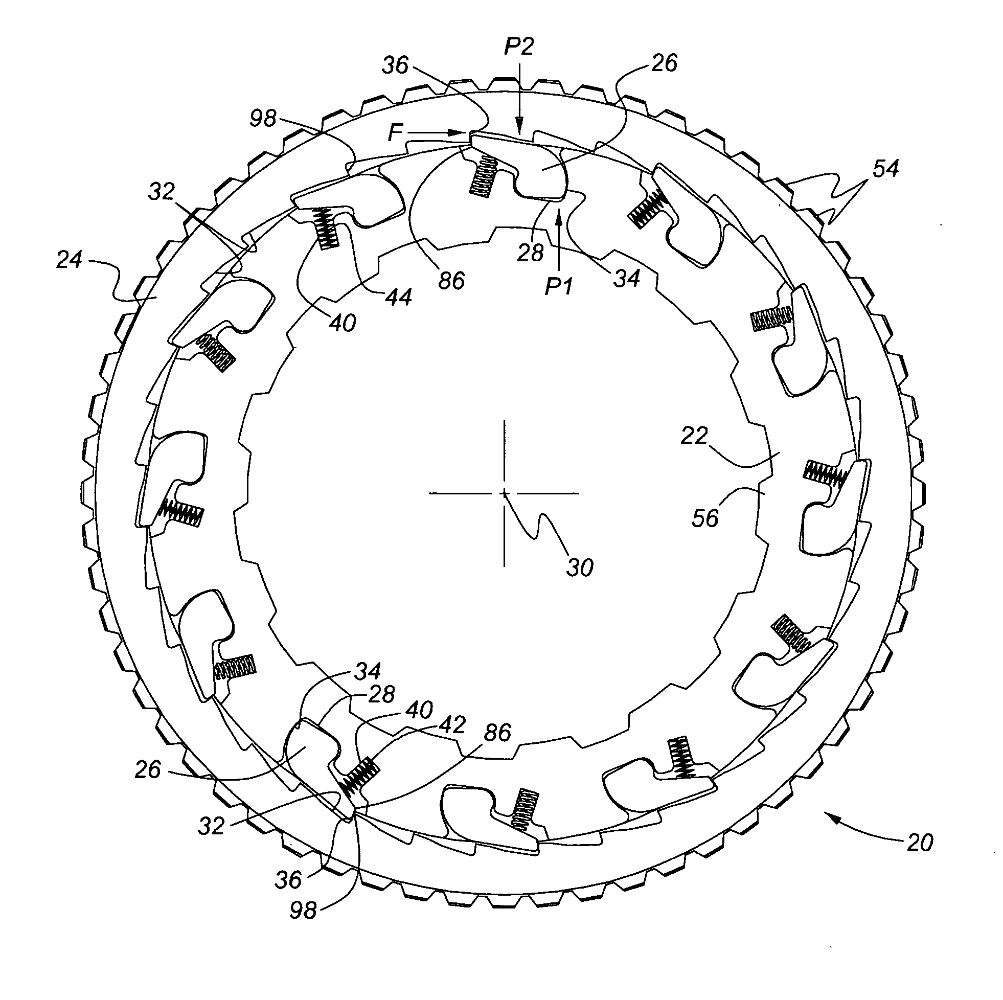 Ratcheting one-way clutch having rockers retained in closed pockets