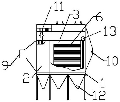 An embedded electric bag composite dust collector with the filter bag placed horizontally in the front stage with electric field