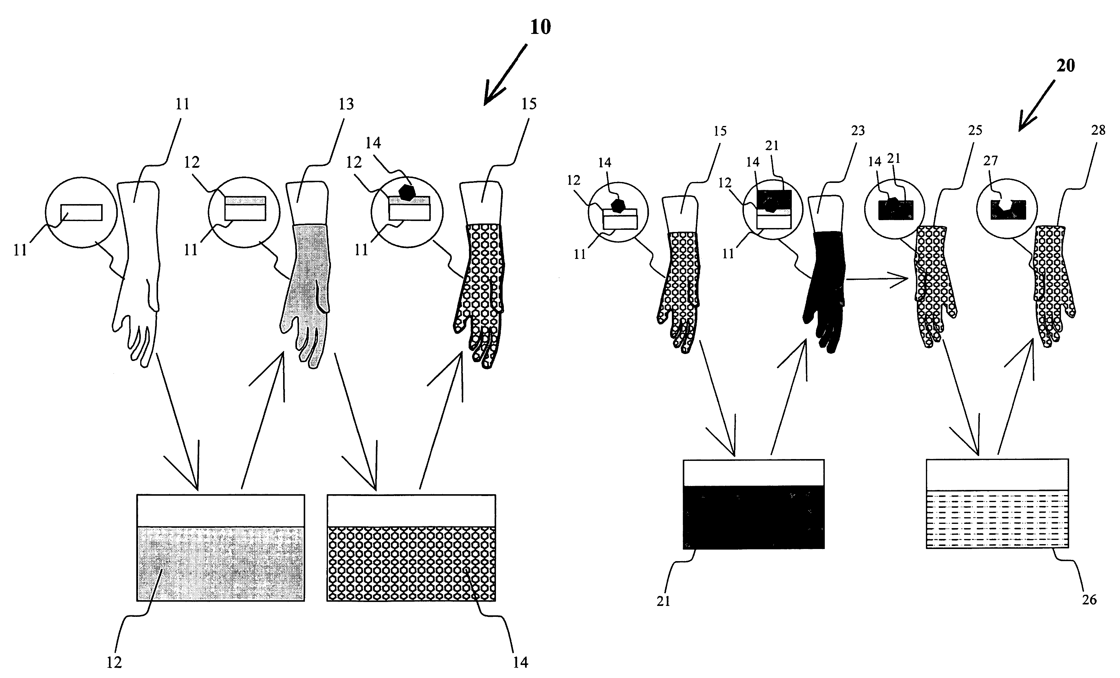 Latex gloves and articles with geometrically defined surface texture providing enhanced grip and method for in-line processing thereof