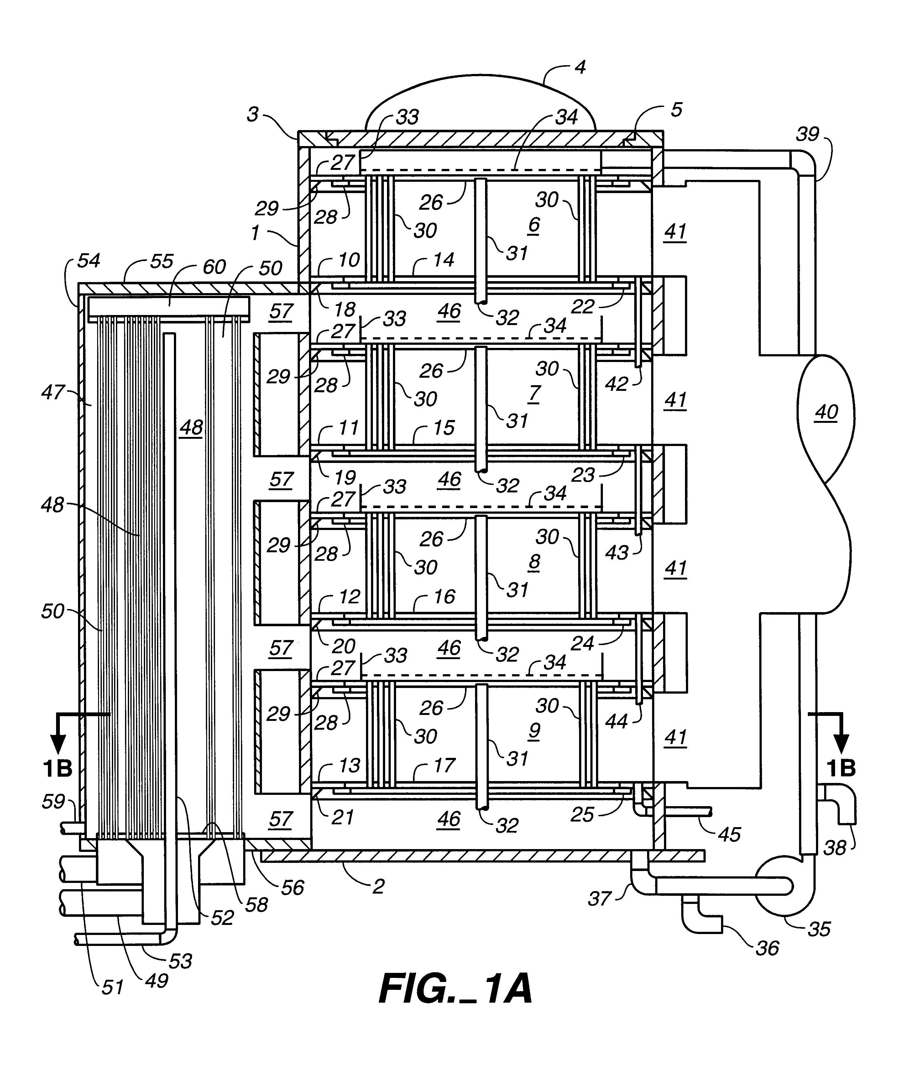 Desalination of seawater by evaporation in a multi-stack array of vertical tube bundles, with waste heat