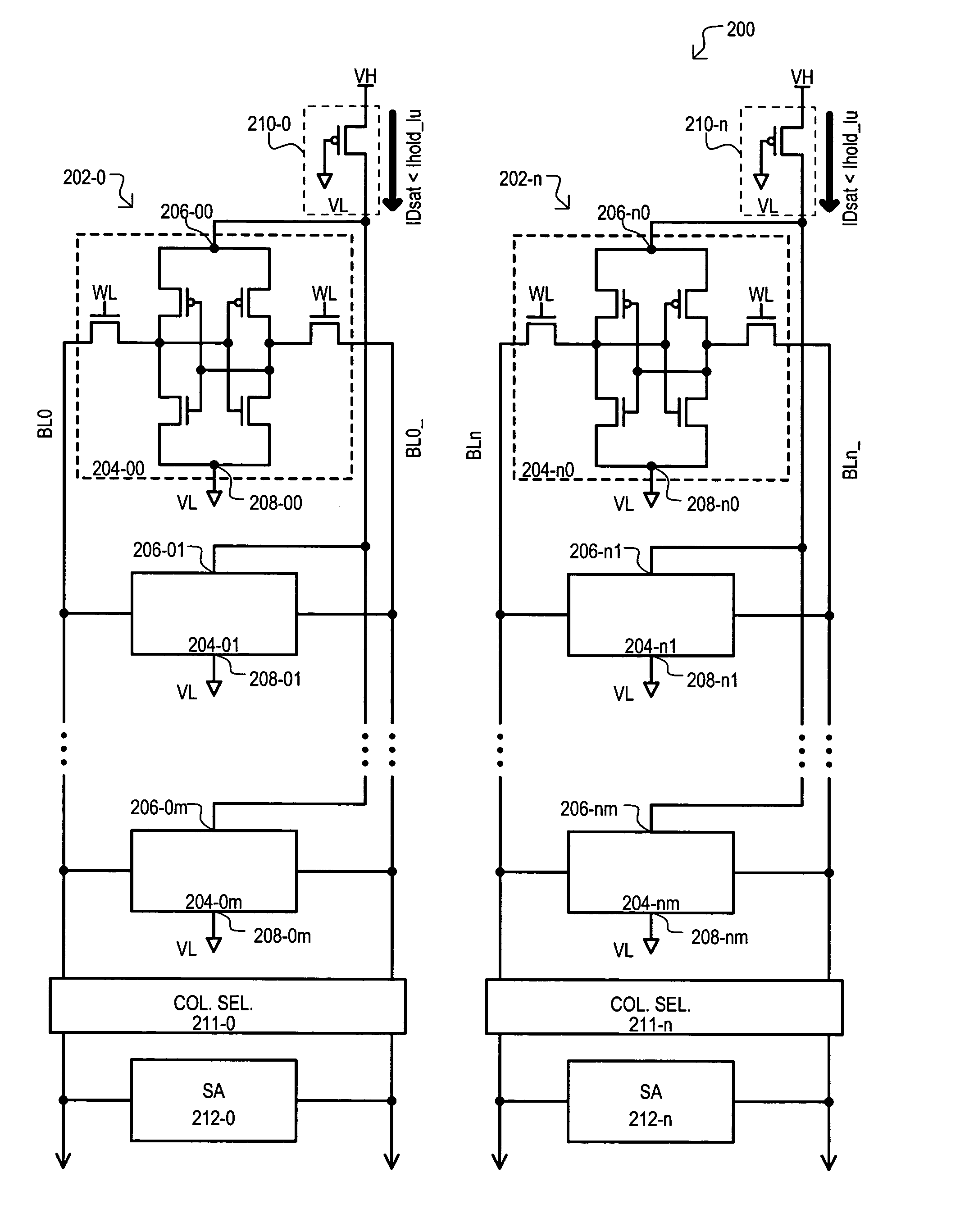 Memory array with current limiting device for preventing particle induced latch-up