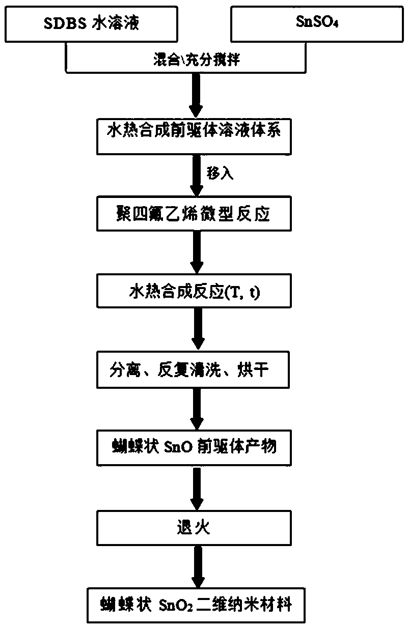 Butterfly-shaped SnO2 two-dimensional nanometer material, and preparation method and application thereof