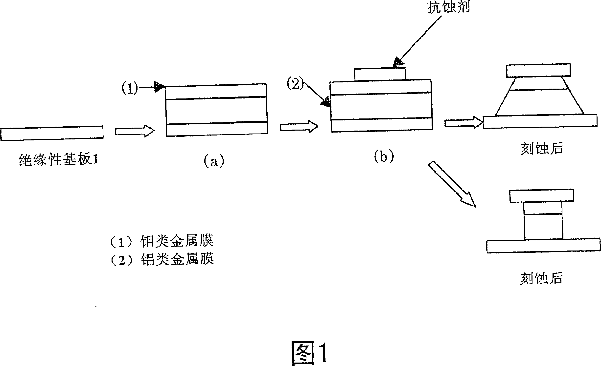 Etching liquor for laminated film of aluminium metal film and molybdenum metal film