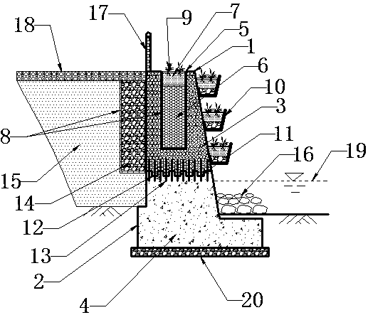 A layered water-permeable and water-purifying plant-growing retaining wall and its construction method