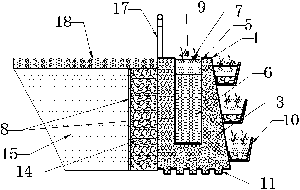 A layered water-permeable and water-purifying plant-growing retaining wall and its construction method