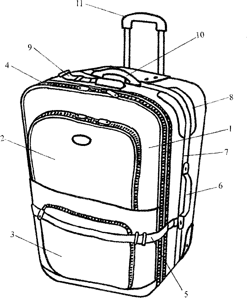 Draw-bar box provided with parallel connection zippers, shroud ring and buckling band