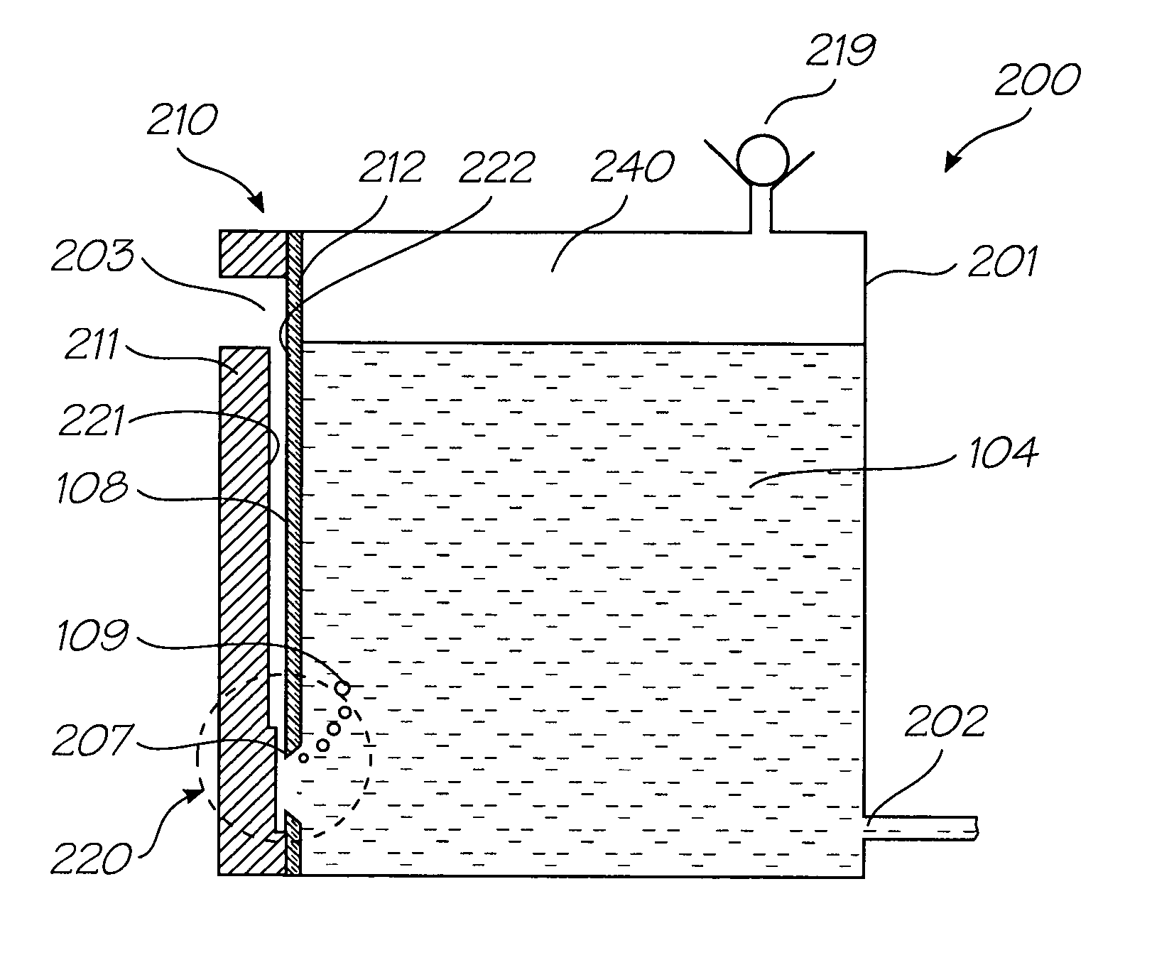 Ink pressure regulator using air bubbles drawn into ink