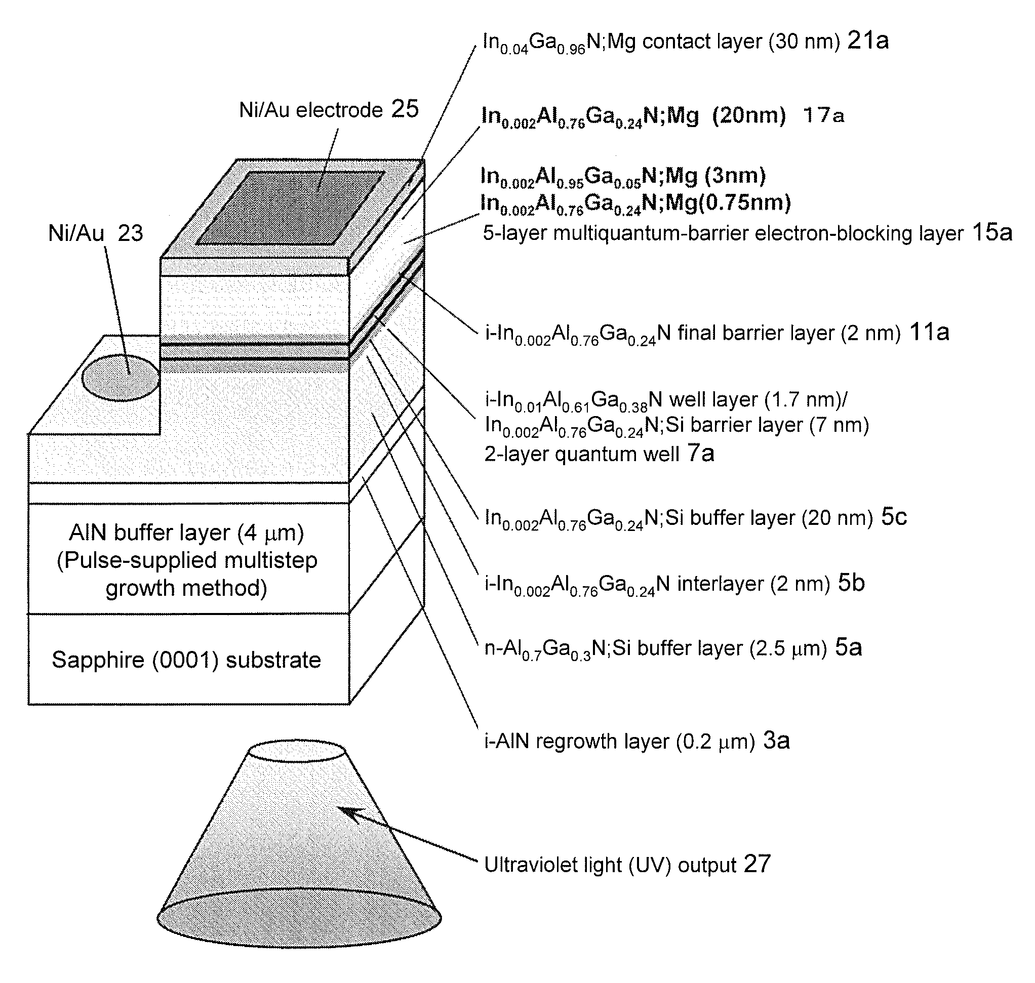 Light-emitting element having nitride semiconductor multiquantum barrier, and process for production thereof