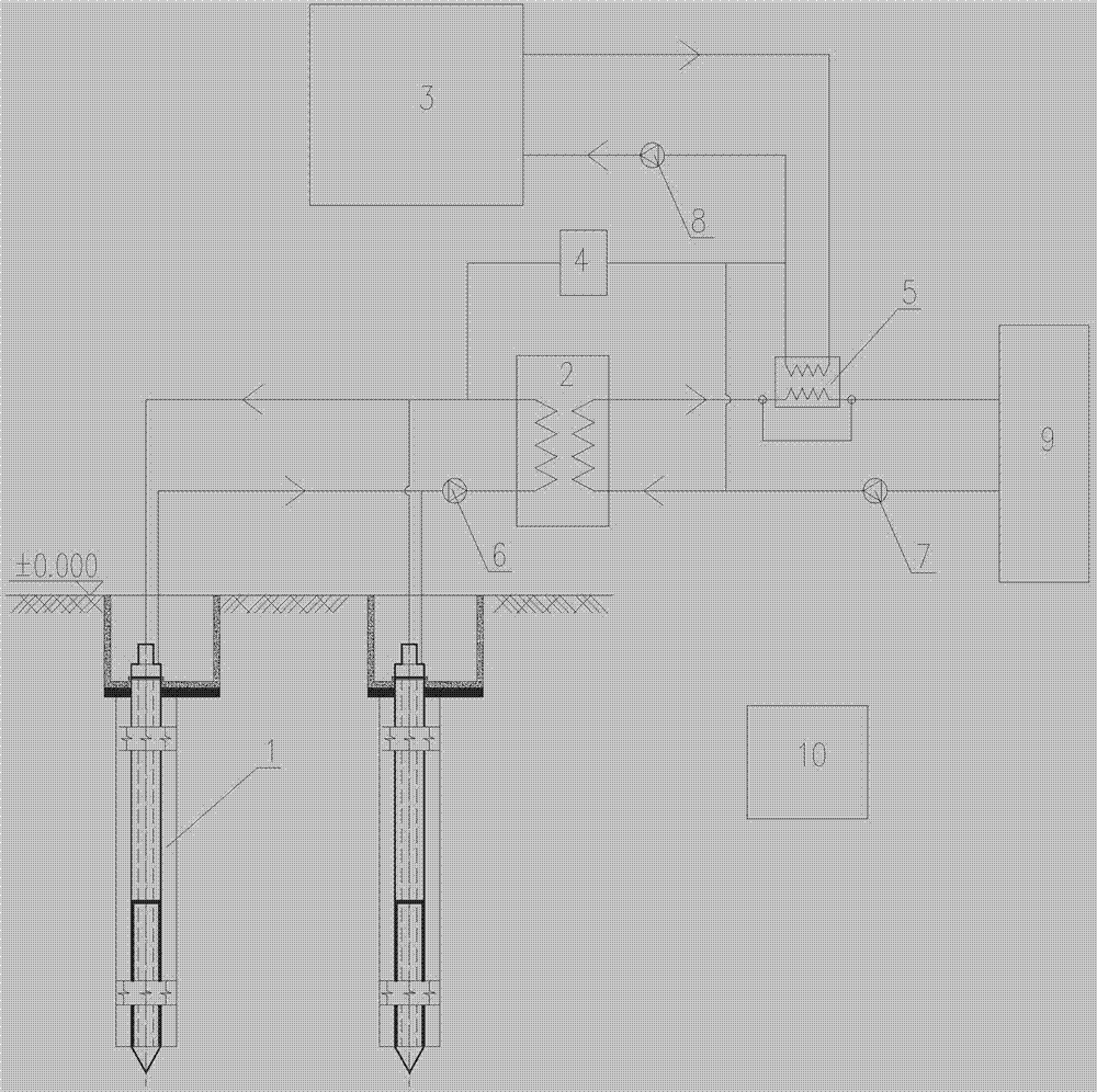 Medium-deep-layer noninterference geothermal system and gas-fired boiler combined heating system