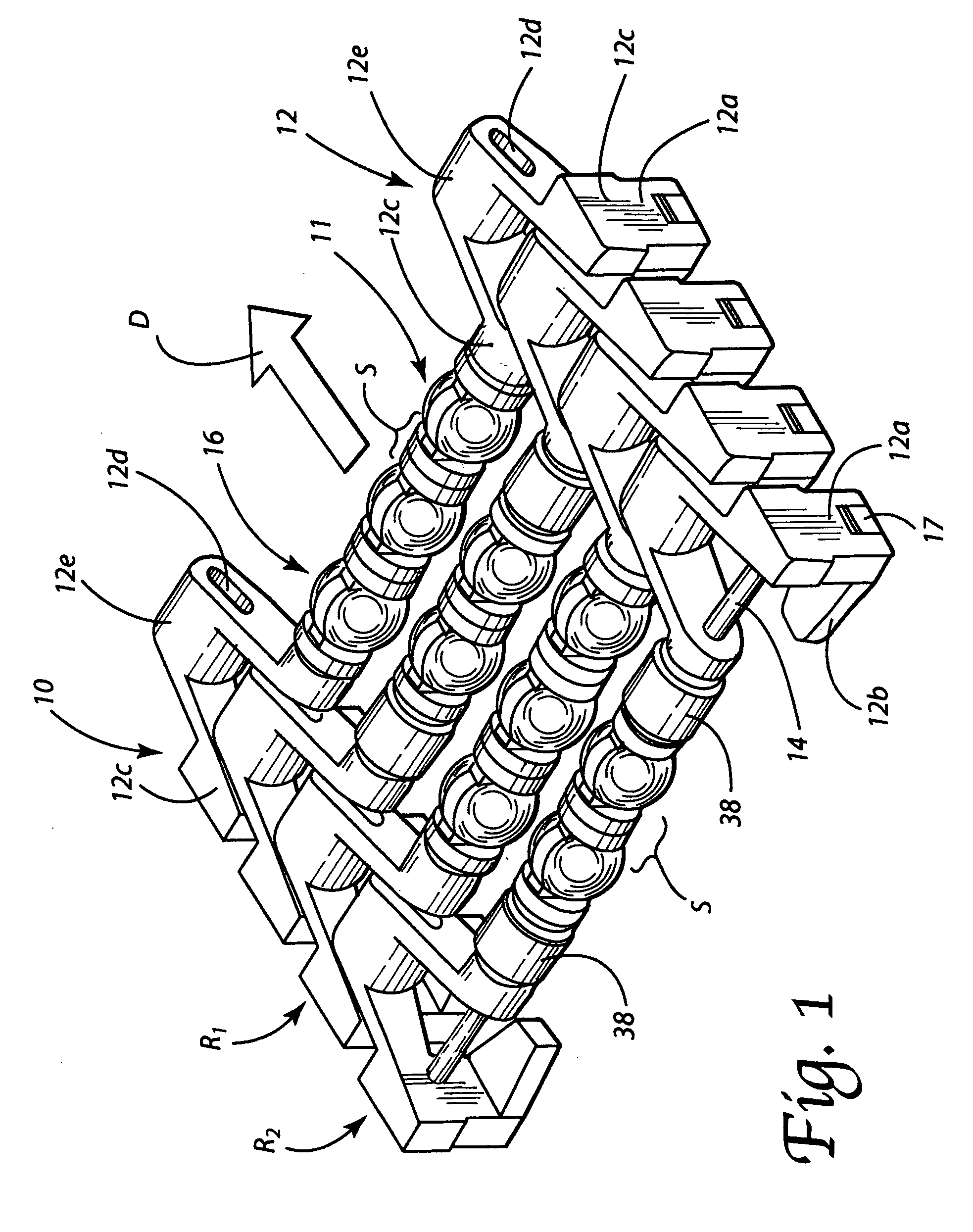 Modular link conveyor chain with rotatable article engaging assemblies