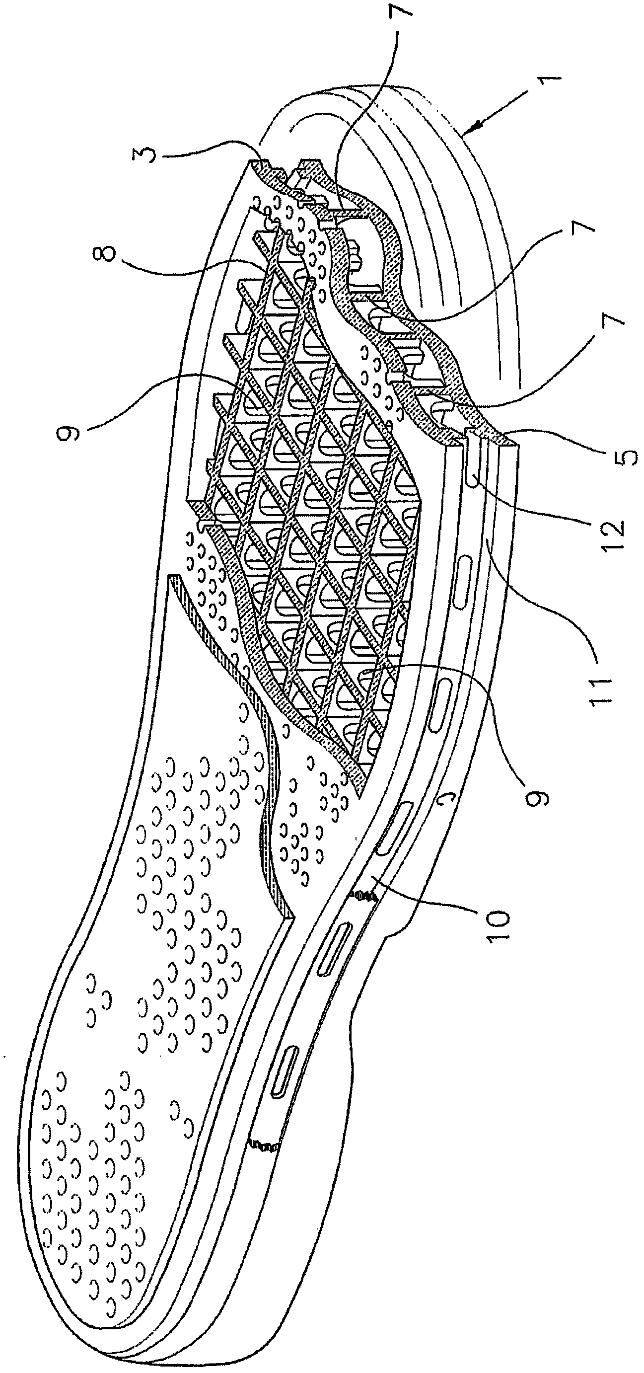 Aerated shoe having cushioning effect, with air flow regulator