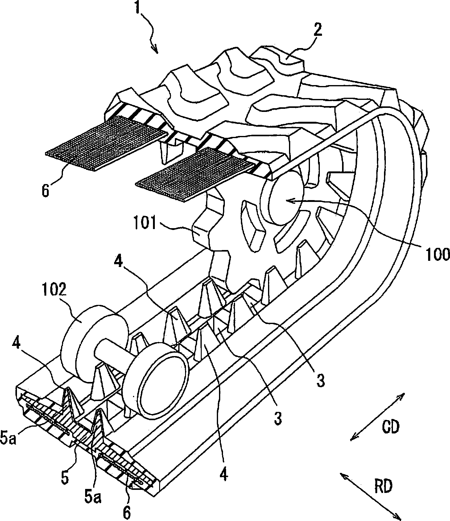 Rubber track and chain wheel suitable for rubber track and core iron for rubber track