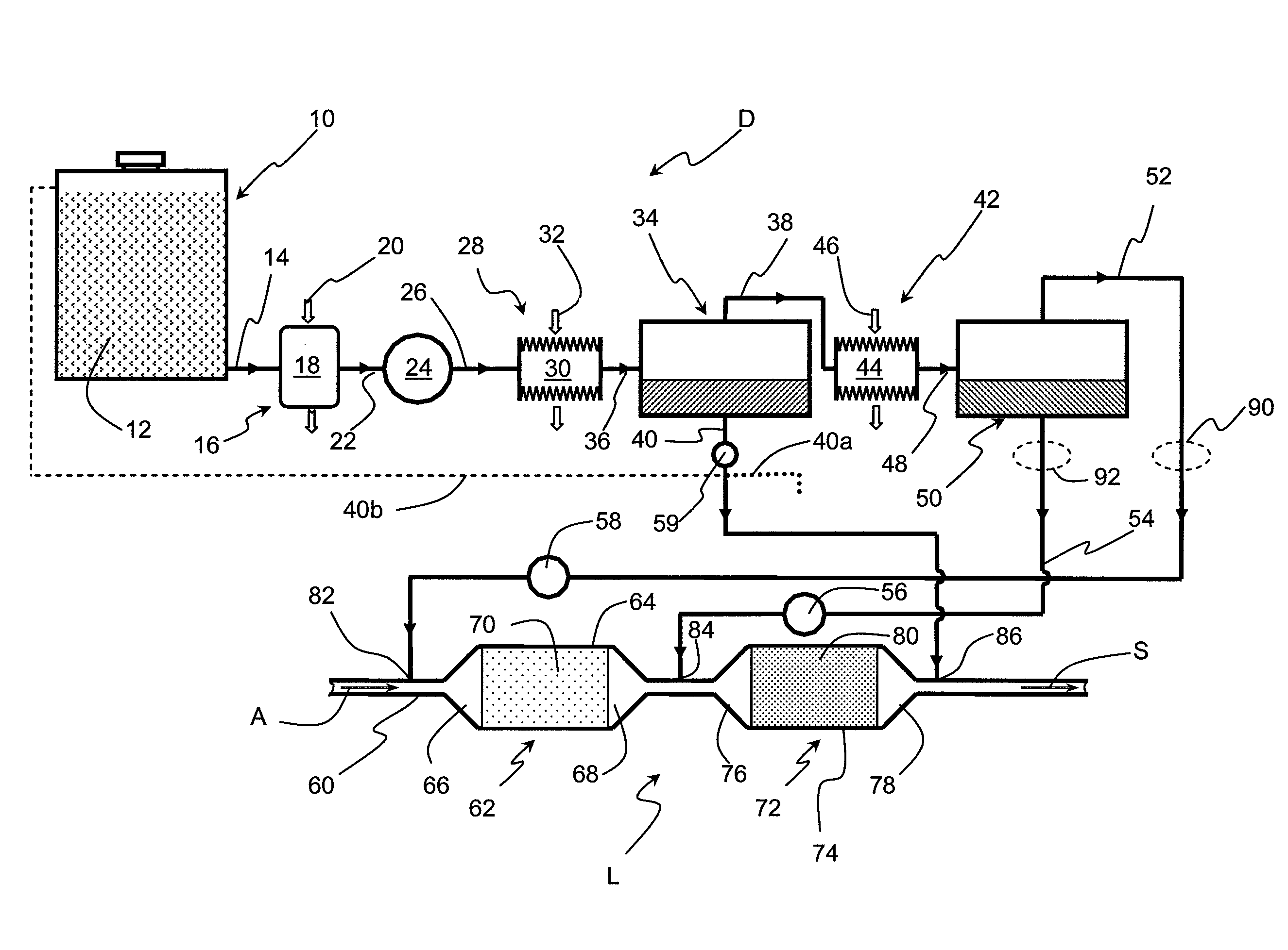 Method of treating pollutants contained in exhaust gases, notably of an internal-combustion engine, and system using same