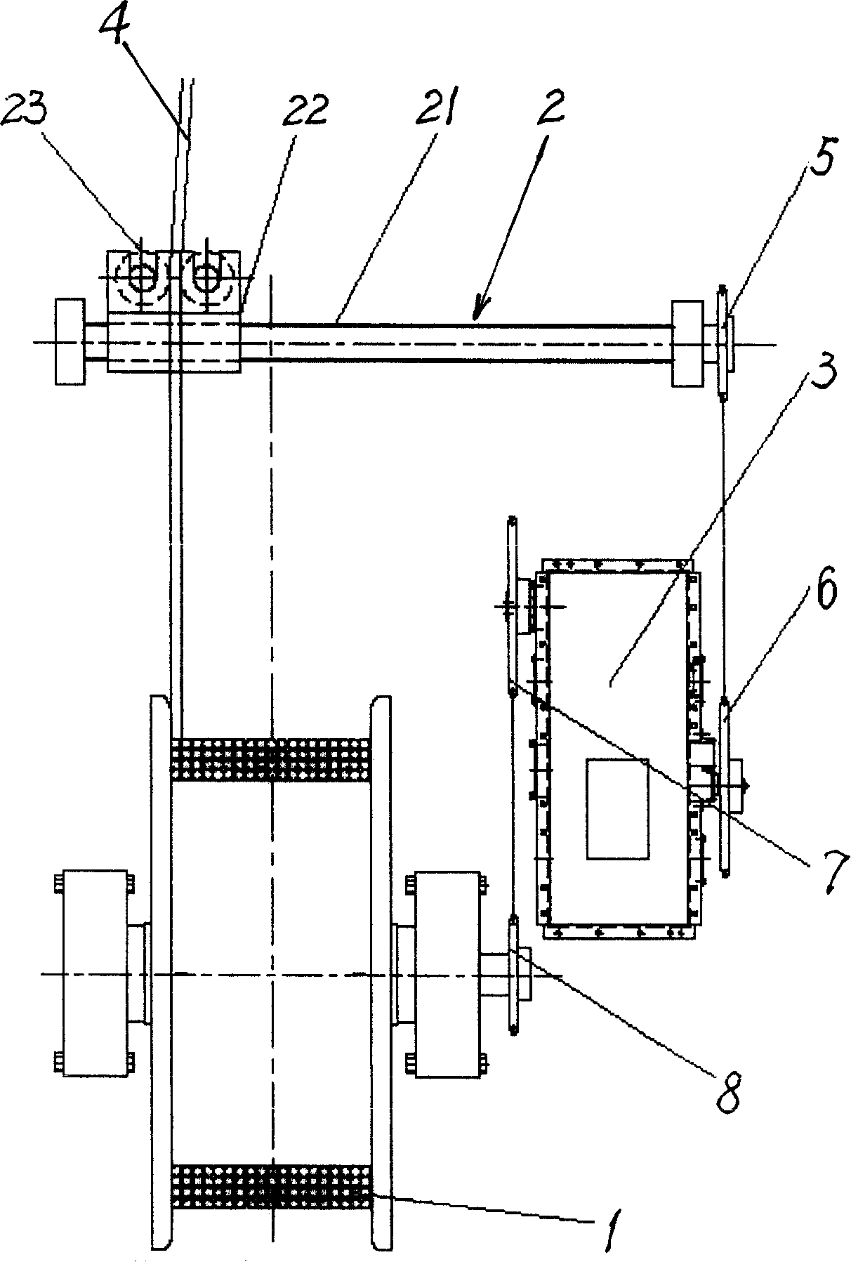 Rope arranging speed reducing box on multilayer winding reel gear type rope arranging device