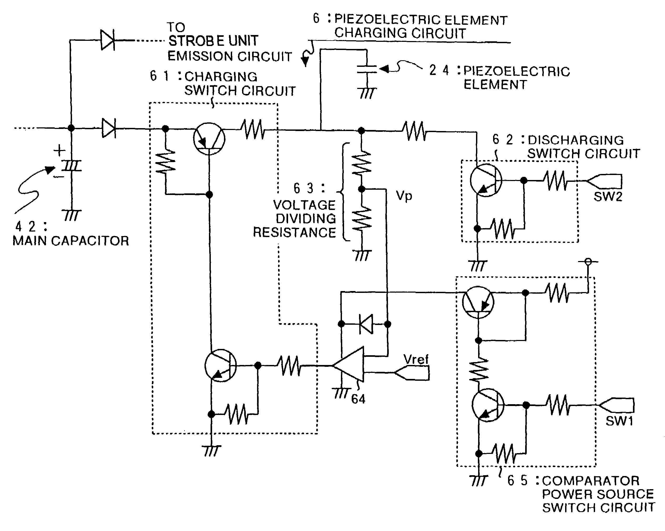 Digital camera with power supply for piezoelectric element and stroboscope circuit