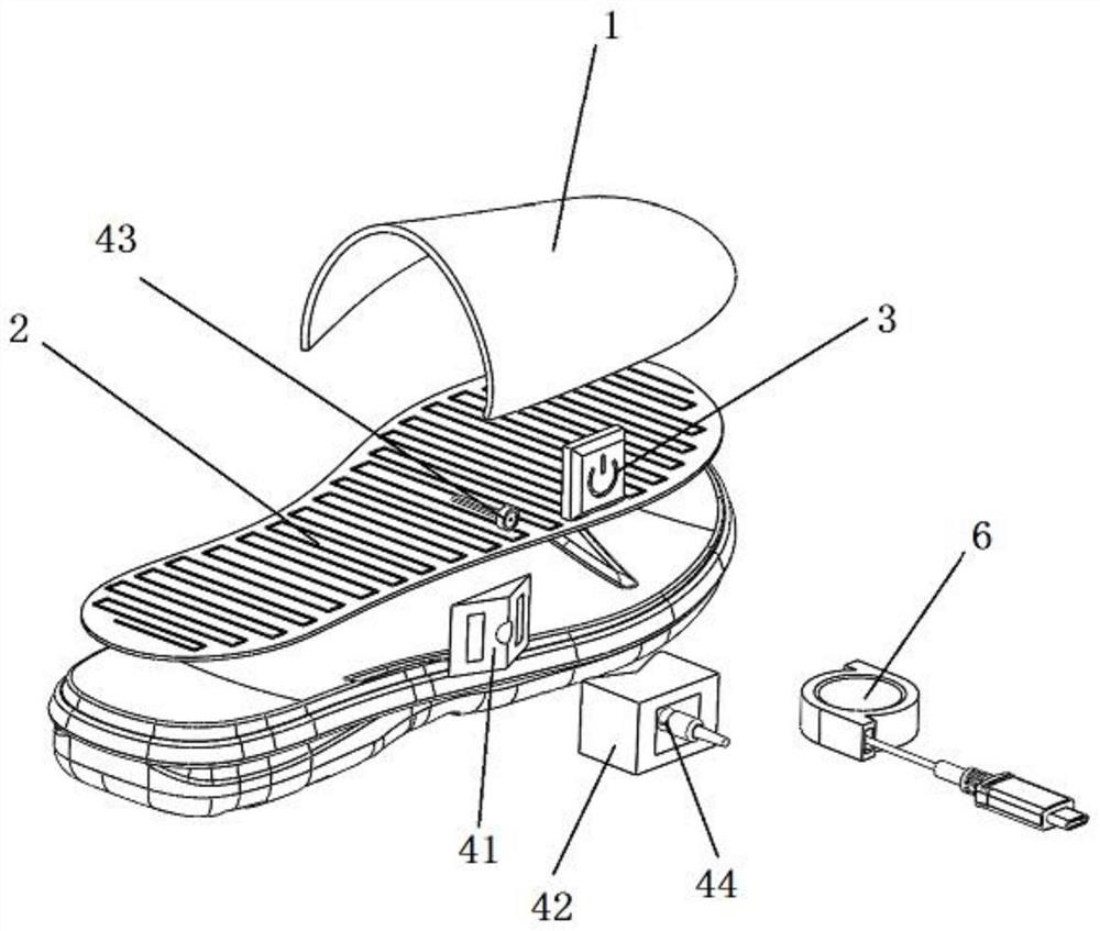 Shoe with heating function, and power supply assembly