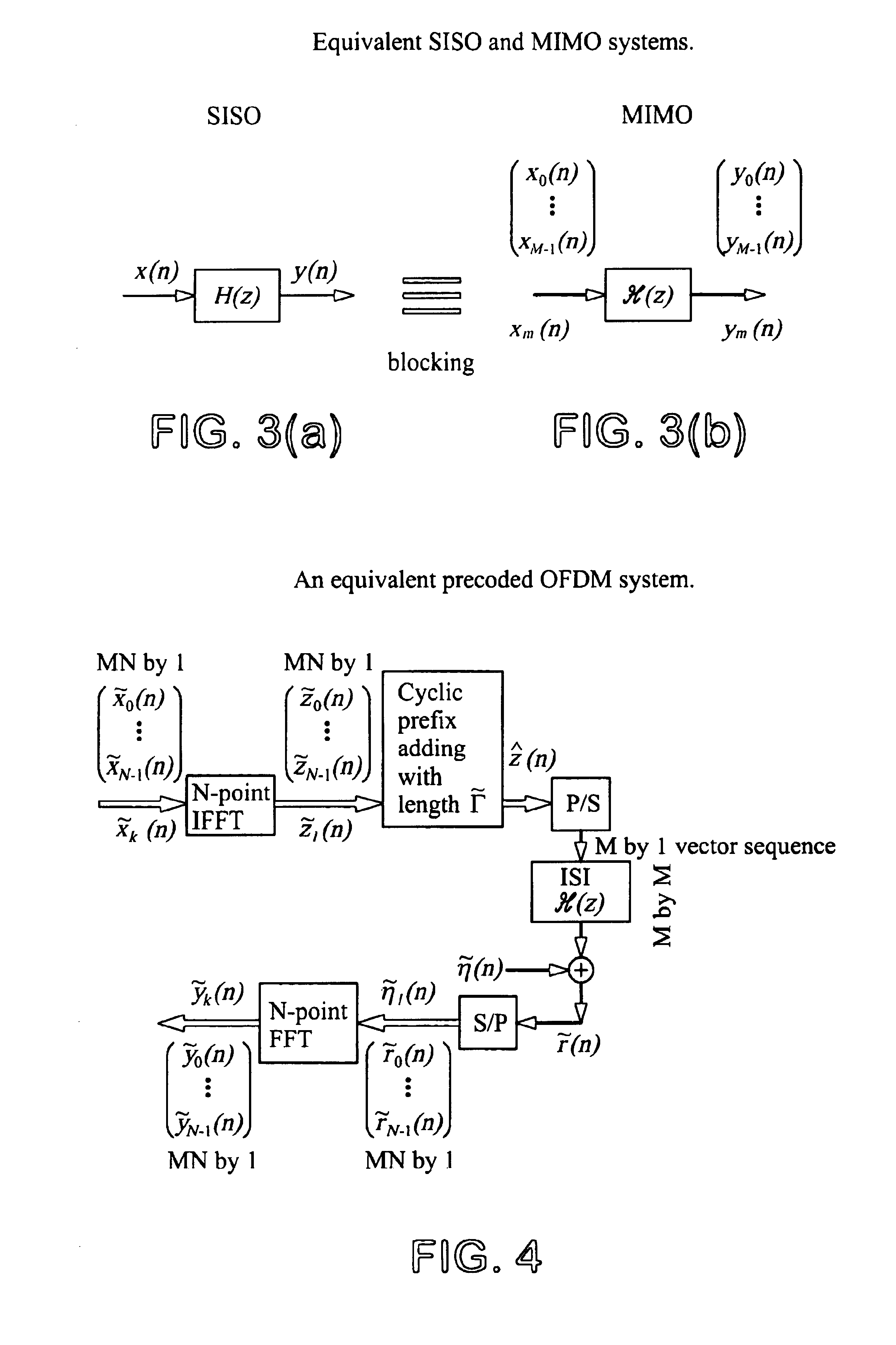 Precoded OFDM systems robust to spectral null channels and vector OFDM systems with reduced cyclic prefix length