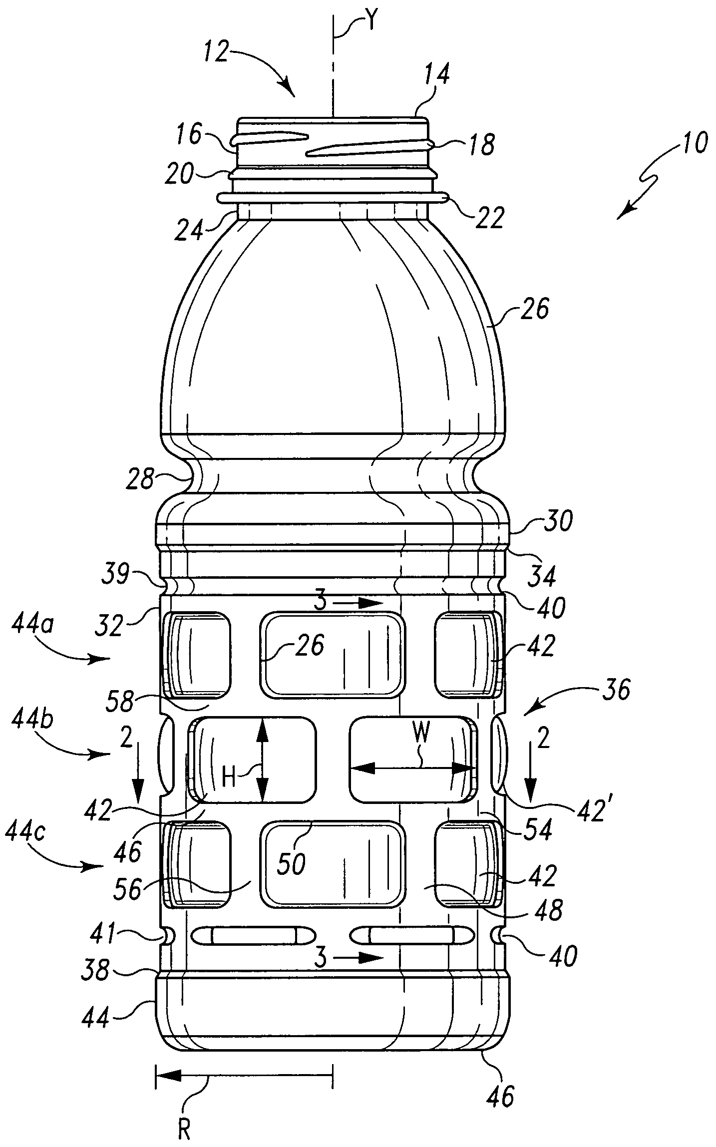 Plastic container with horizontally oriented panels